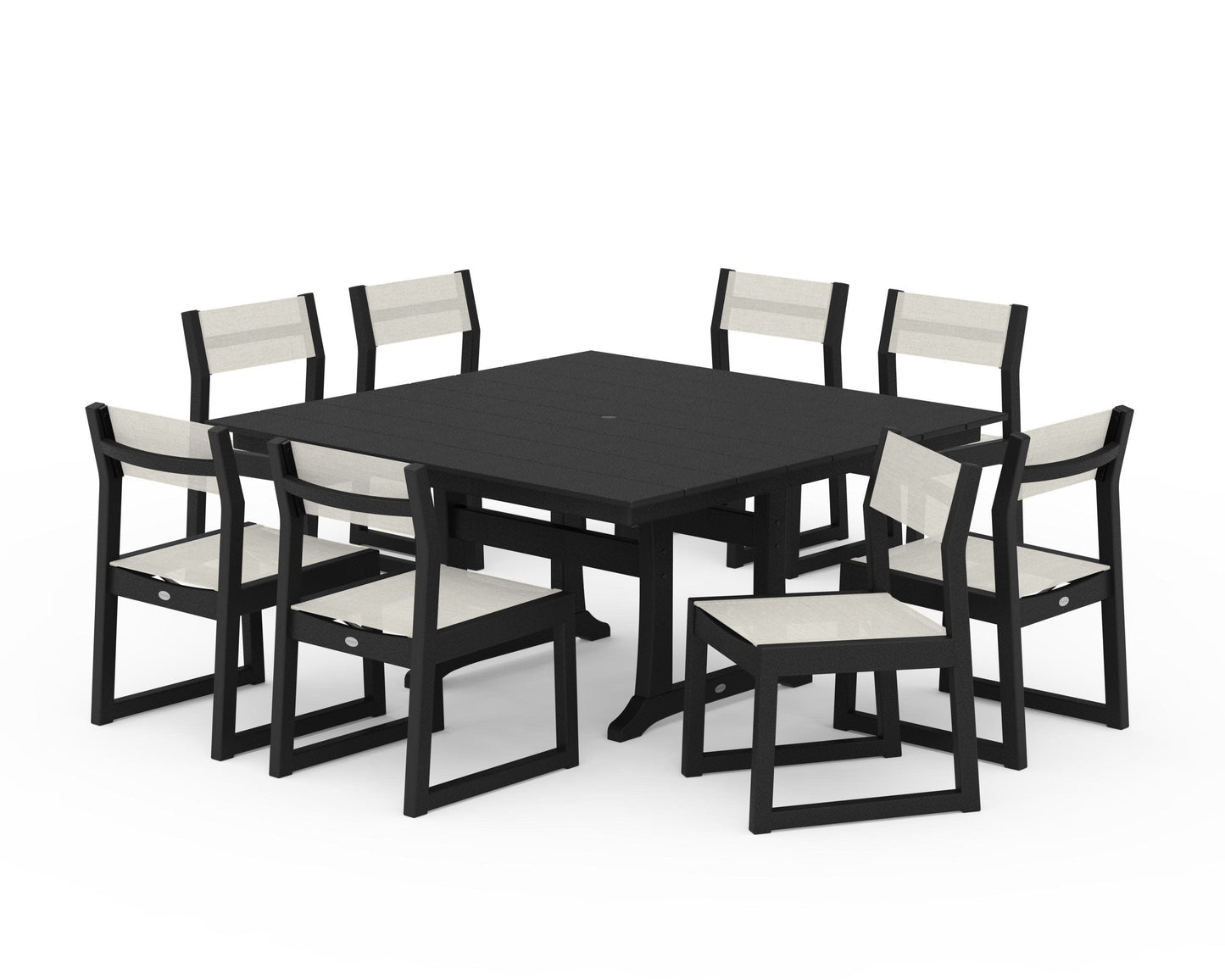 POLYWOOD EDGE Sling Side Chair 9-Piece Farmhouse Trestle Dining Set — Black / Parchment Sling