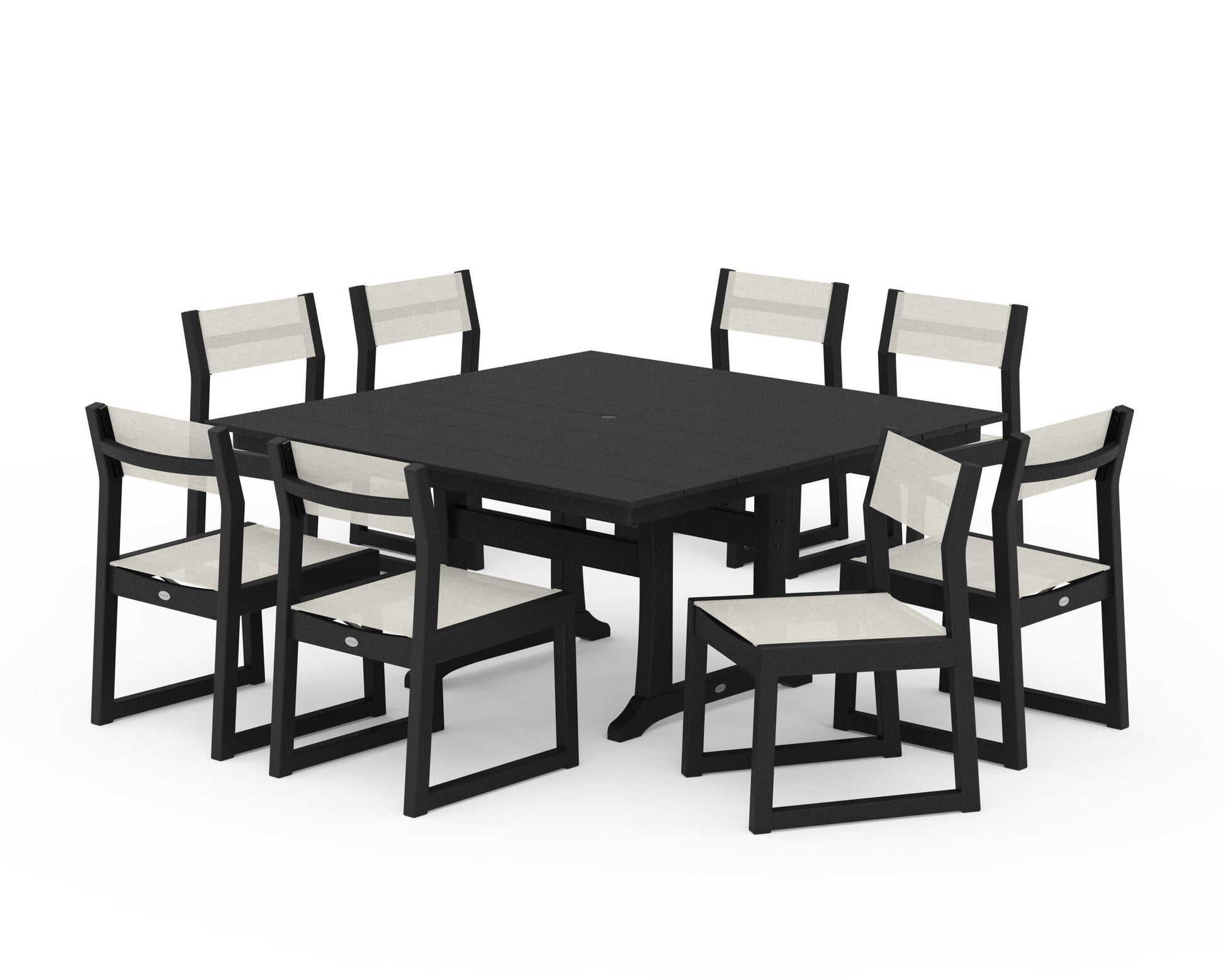 POLYWOOD EDGE Sling Side Chair 9-Piece Farmhouse Trestle Dining Set — Black / Parchment Sling