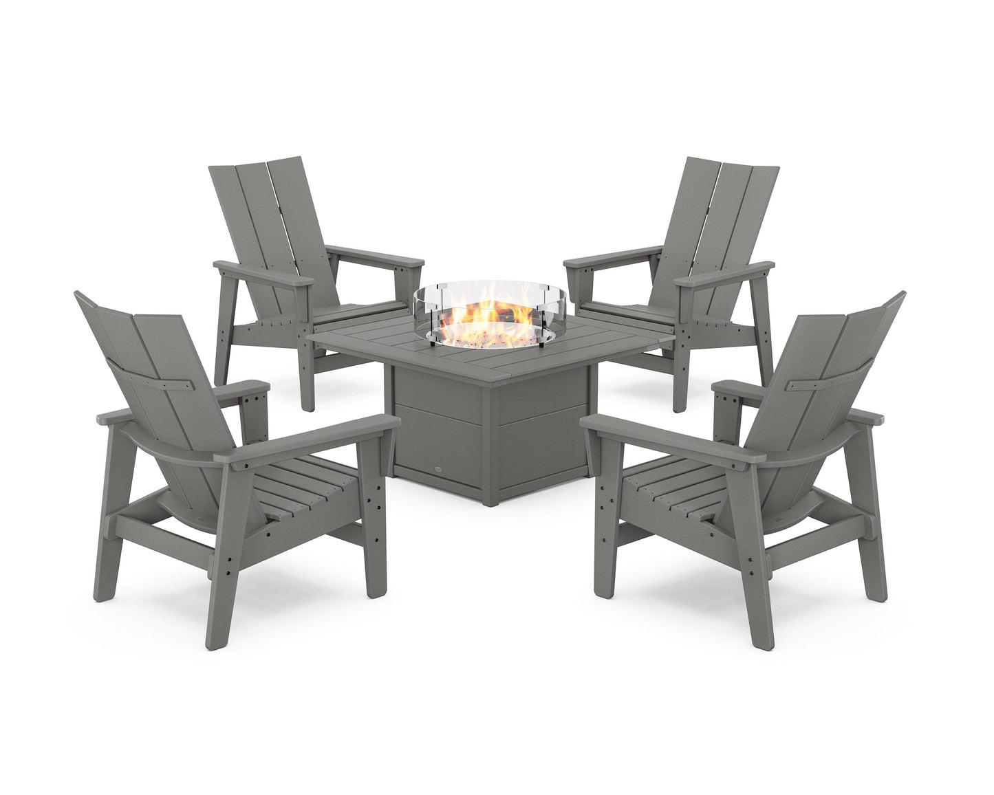POLYWOOD 5-Piece Modern Grand Upright Adirondack Conversation Set with Fire Pit Table — Slate Grey