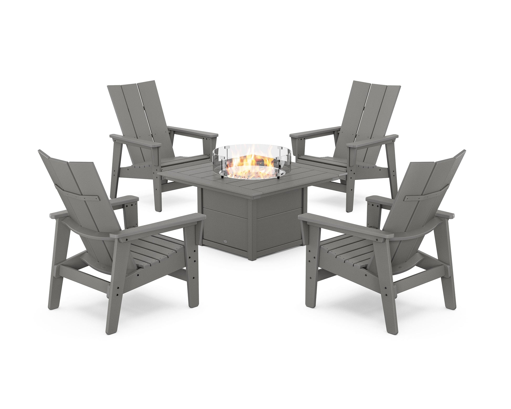 POLYWOOD 5-Piece Modern Grand Upright Adirondack Conversation Set with Fire Pit Table — Slate Grey