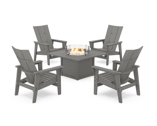 POLYWOOD 5-Piece Modern Grand Upright Adirondack Conversation Set with Fire Pit Table — Slate Grey