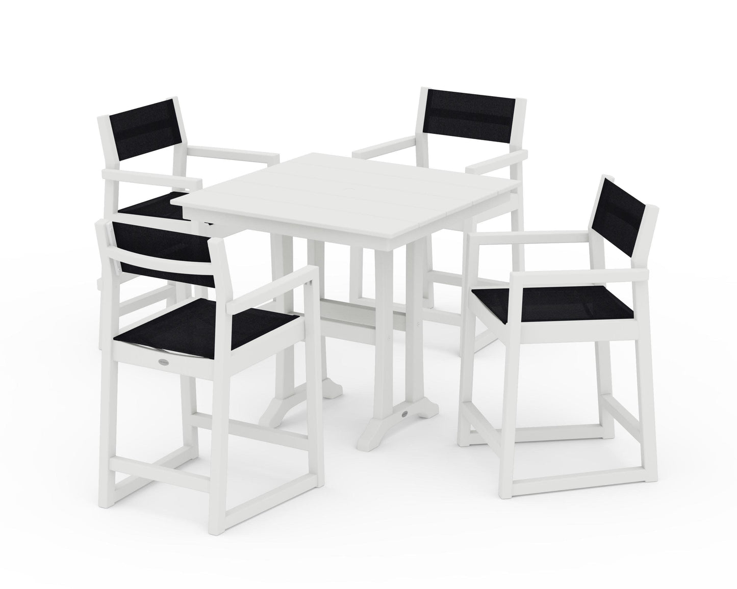 POLYWOOD EDGE Sling Arm Chair 5-Piece Farmhouse Counter Set with Trestle Legs — Vintage White / Black Sling