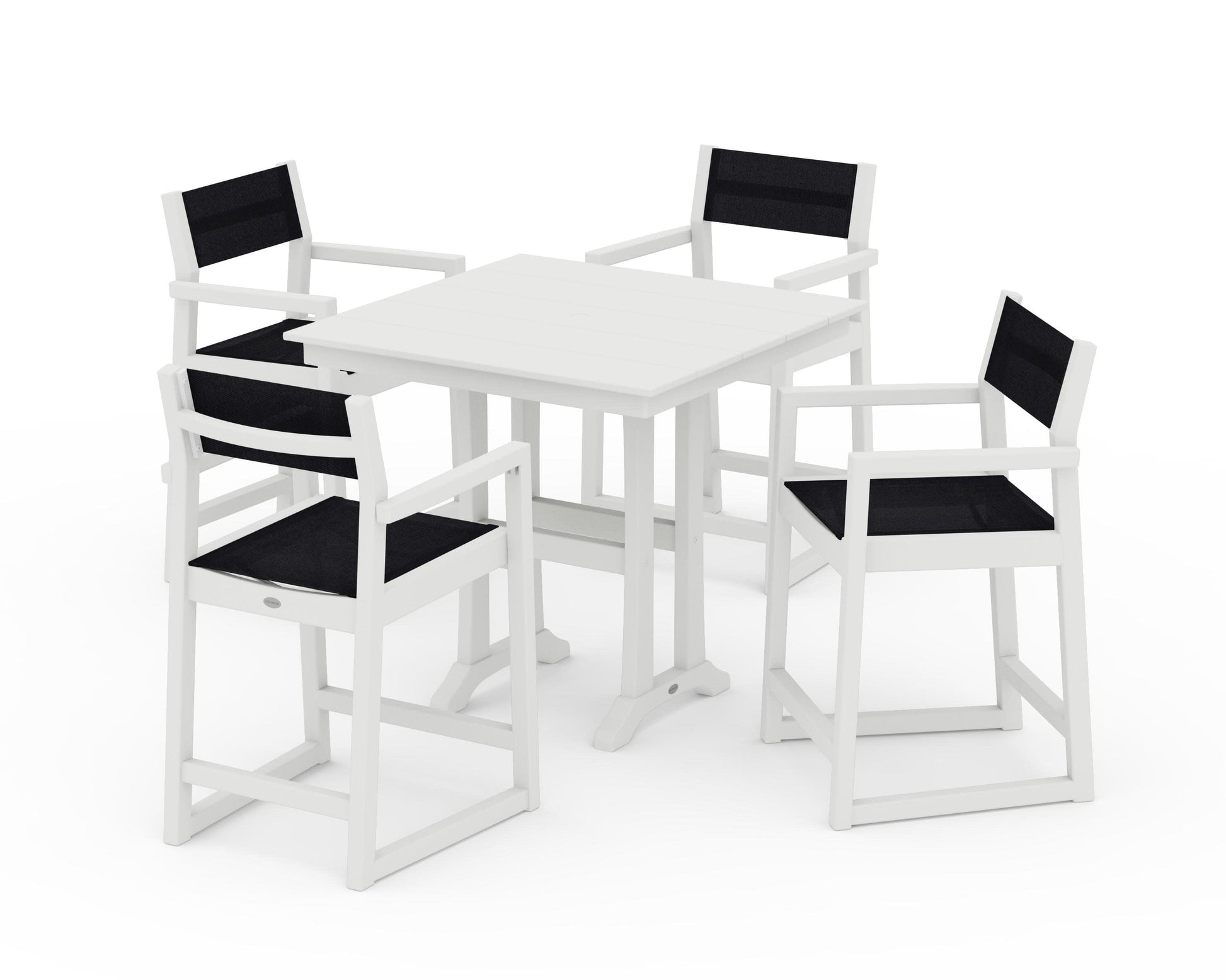 POLYWOOD EDGE Sling Arm Chair 5-Piece Farmhouse Counter Set with Trestle Legs — Vintage White / Black Sling
