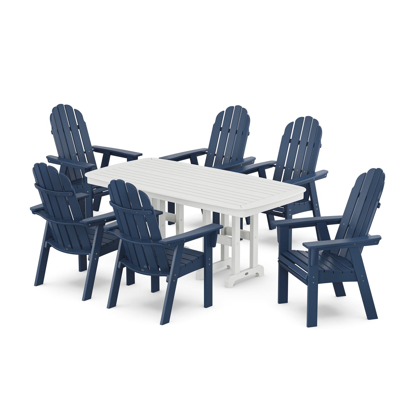 POLYWOOD Vineyard Curveback Adirondack Chair 7-Piece Dining Set — Navy / White