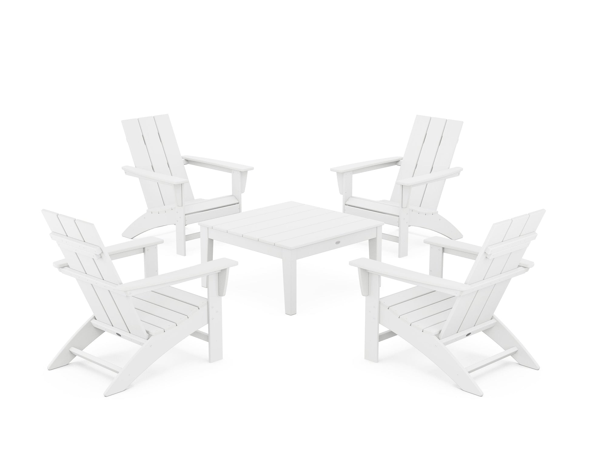 POLYWOOD 5-Piece Modern Adirondack Chair Conversation Set with 36" Conversation Table — White
