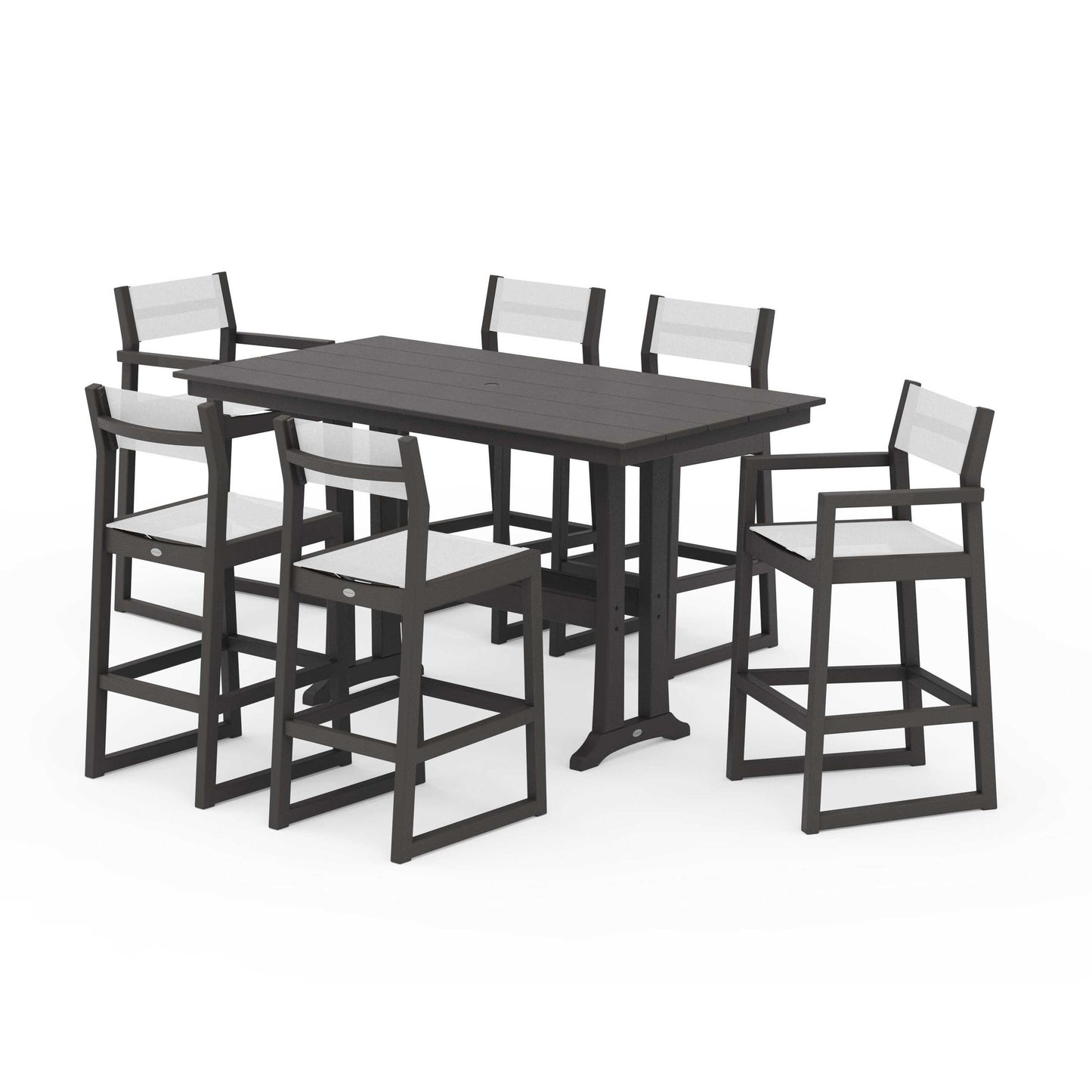 POLYWOOD EDGE Sling 7-Piece Farmhouse Bar Set with Trestle Legs — Vintage Coffee / White Sling
