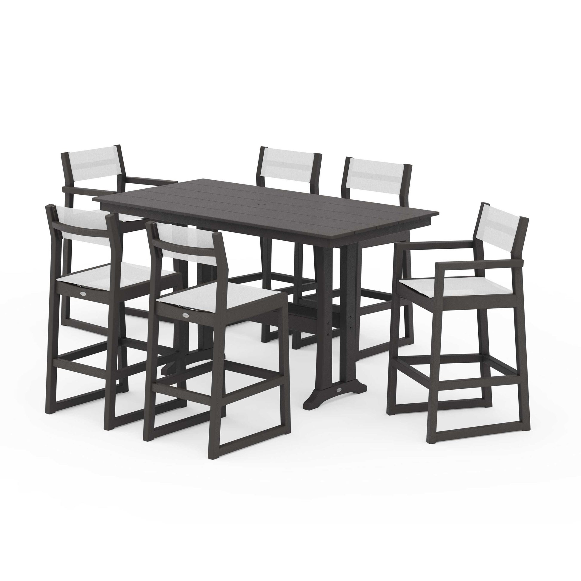 POLYWOOD EDGE Sling 7-Piece Farmhouse Bar Set with Trestle Legs — Vintage Coffee / White Sling