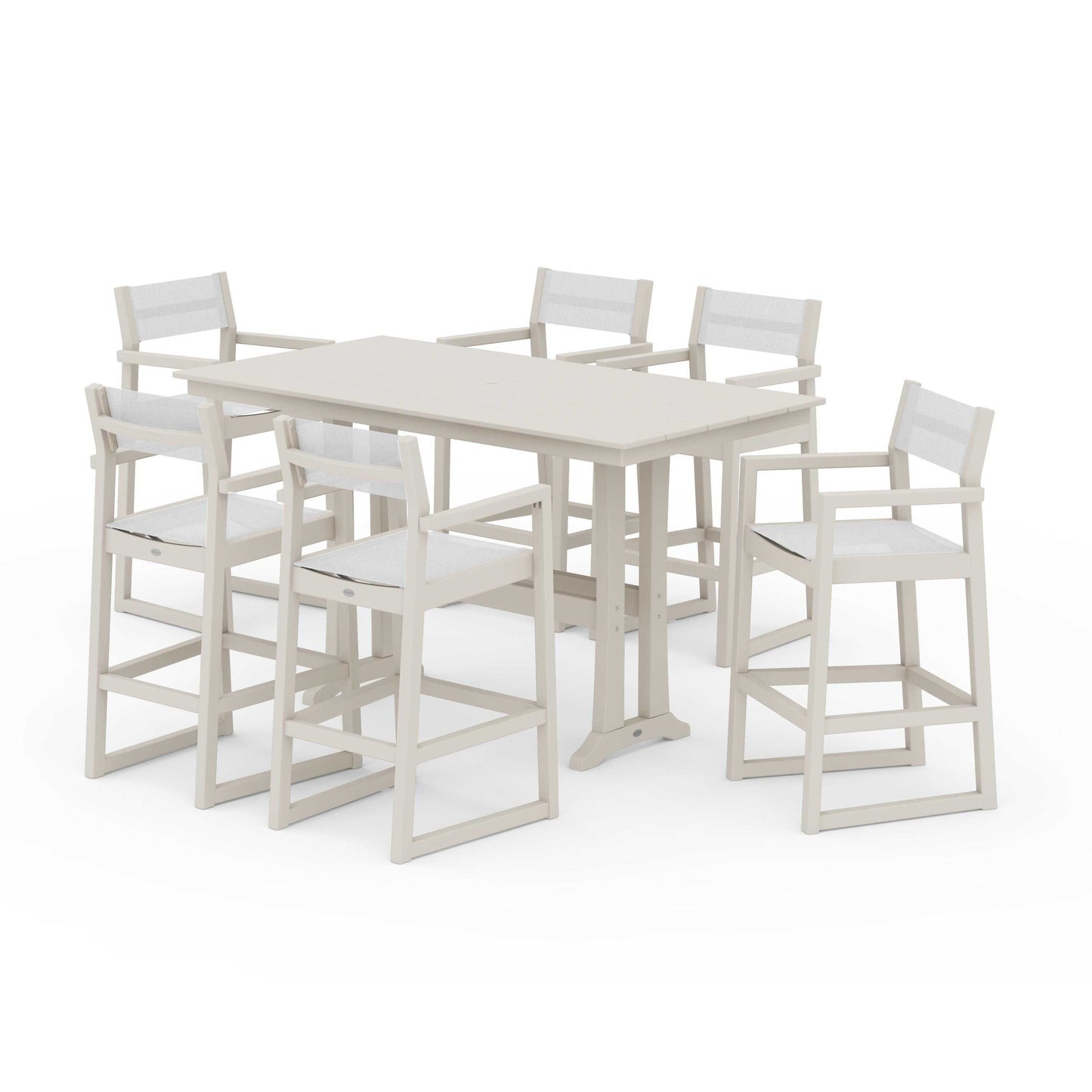 POLYWOOD EDGE Sling Arm Chair 7-Piece Farmhouse Bar Set with Trestle Legs — Sand / White Sling
