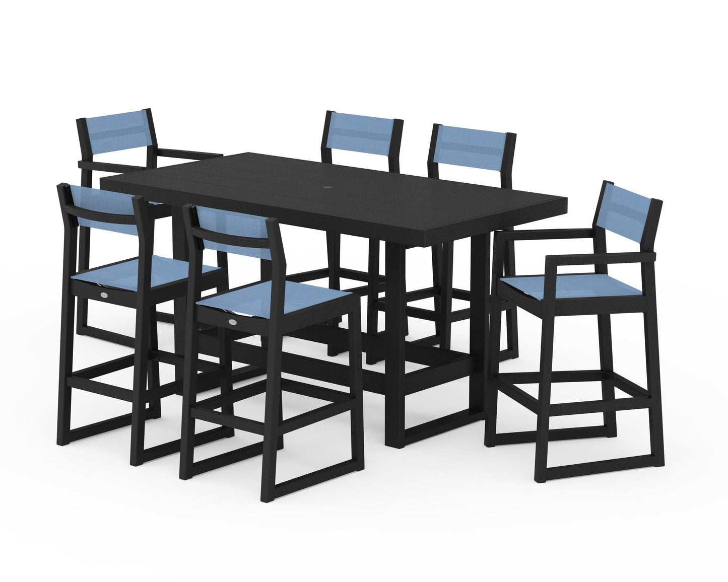 POLYWOOD EDGE Sling 7-Piece Bar Table Set — Black / Poolside Sling