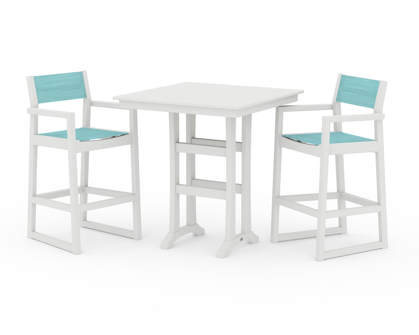 POLYWOOD EDGE Sling Arm Chair 3-Piece Farmhouse Bar Set with Trestle Legs — Vintage White / Dupioni Aquamarine Sling