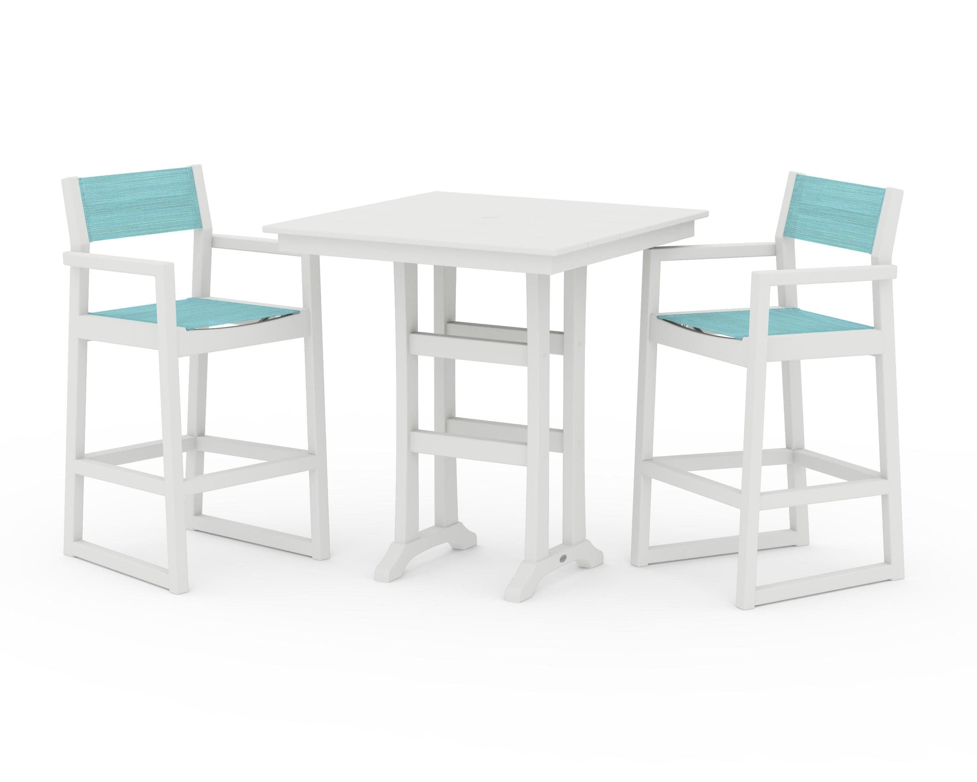 POLYWOOD EDGE Sling Arm Chair 3-Piece Farmhouse Bar Set with Trestle Legs — Vintage White / Dupioni Aquamarine Sling