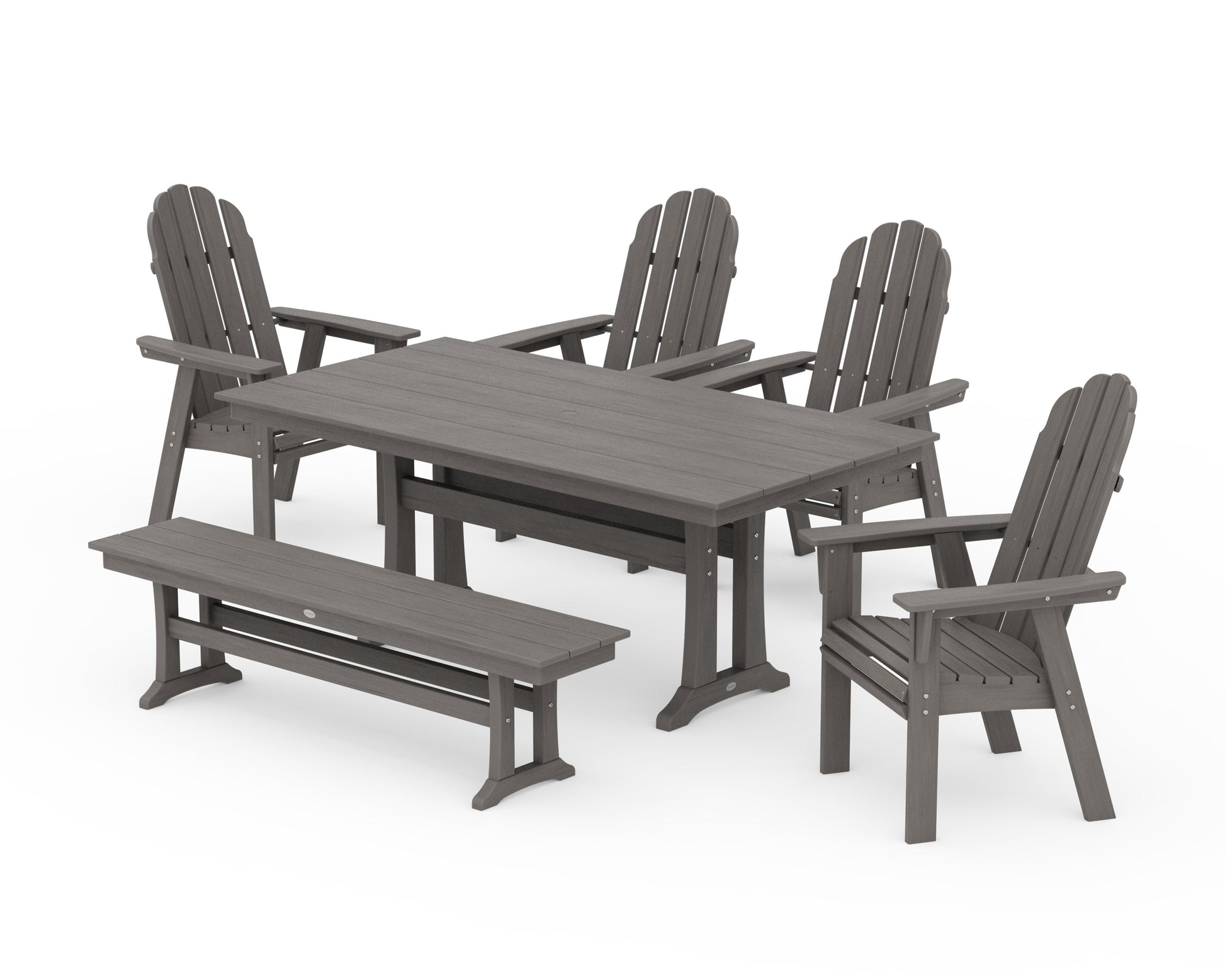POLYWOOD Vineyard Curveback Adirondack Chair 6-Piece Farmhouse Dining Set with Trestle Legs and Bench — Driftwood