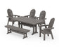 POLYWOOD Vineyard Curveback Adirondack Chair 6-Piece Farmhouse Dining Set with Trestle Legs and Bench — Driftwood
