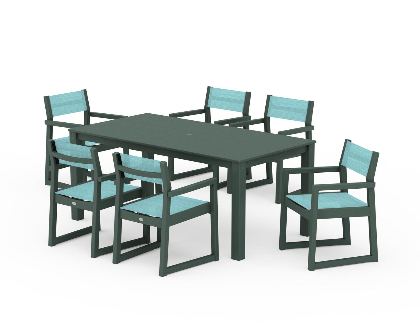 POLYWOOD EDGE Sling Arm Chair 7-Piece Parsons Dining Set — Green / Dupioni Aquamarine Sling