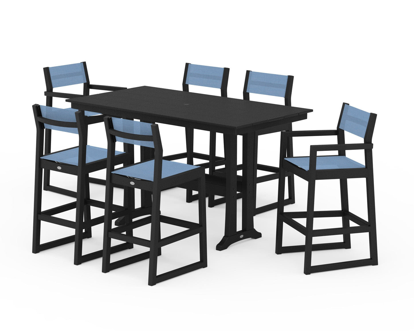 POLYWOOD EDGE Sling 7-Piece Farmhouse Bar Set with Trestle Legs — Black / Poolside Sling