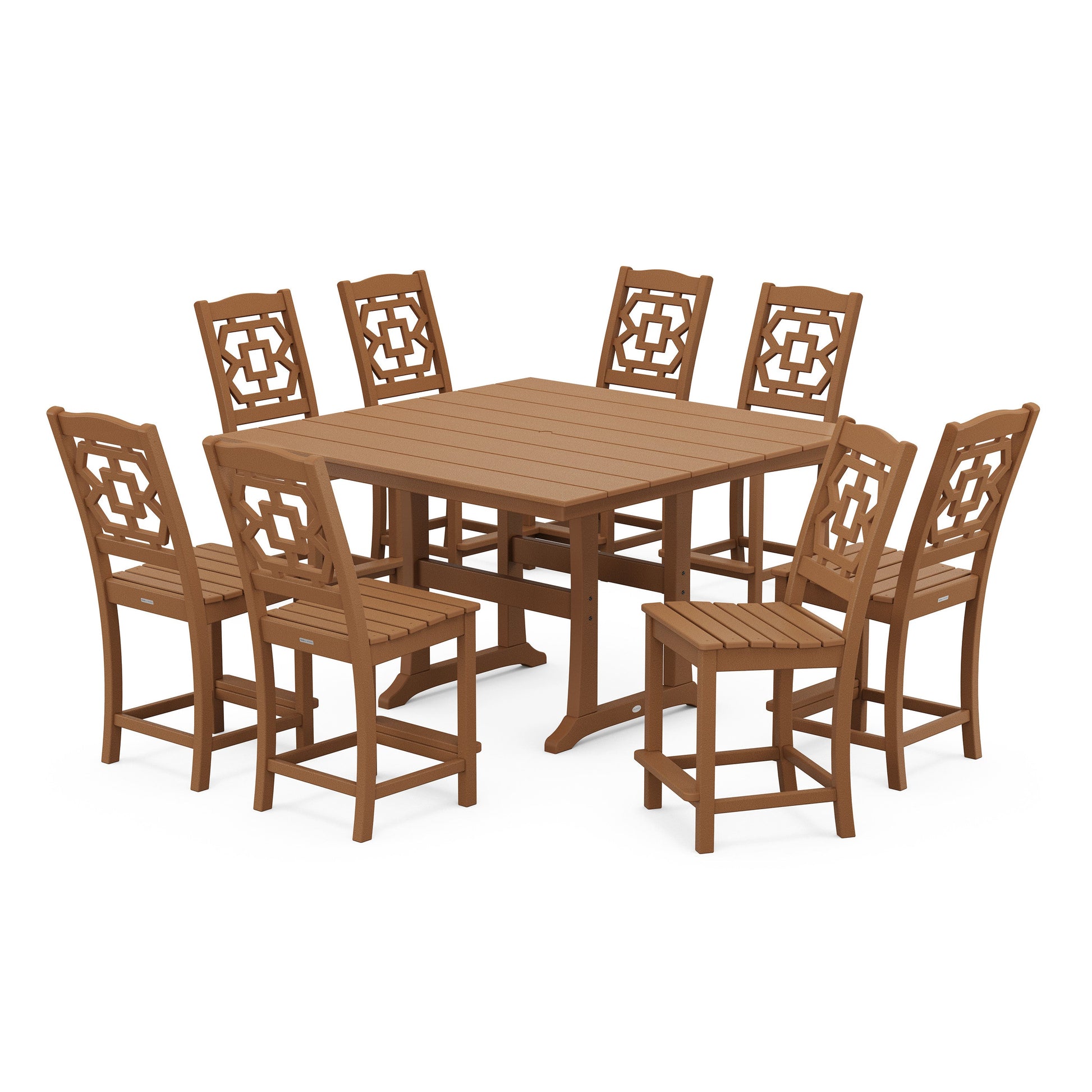 POLYWOOD Chinoiserie 9-Piece Square Farmhouse Side Chair Counter Set with Trestle Legs — Teak