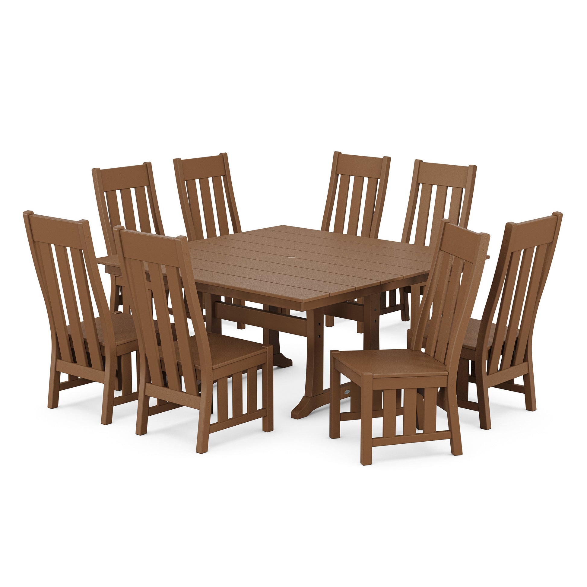 POLYWOOD Acadia Side Chair 9-Piece Square Farmhouse Dining Set with Trestle Legs — Teak