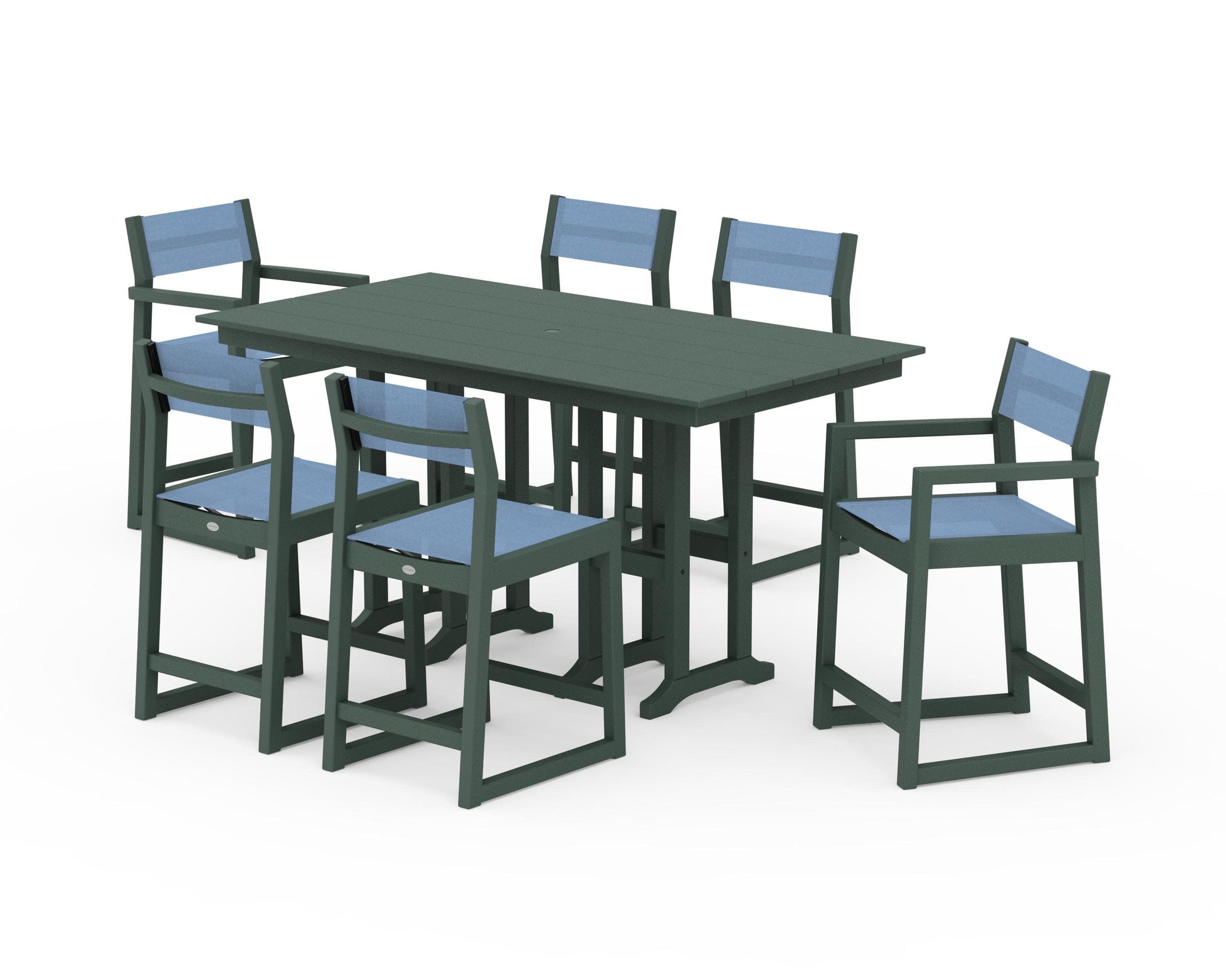 POLYWOOD EDGE Sling 7-Piece Farmhouse Counter Set with Trestle Legs — Green / Poolside Sling
