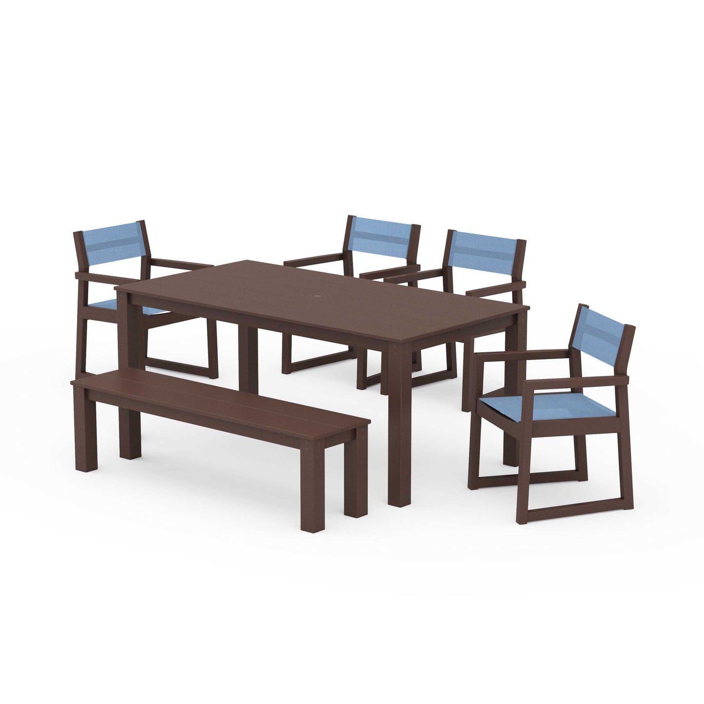POLYWOOD EDGE Sling Arm Chair 6-Piece Parsons Dining Set with Bench — Mahogany / Poolside Sling