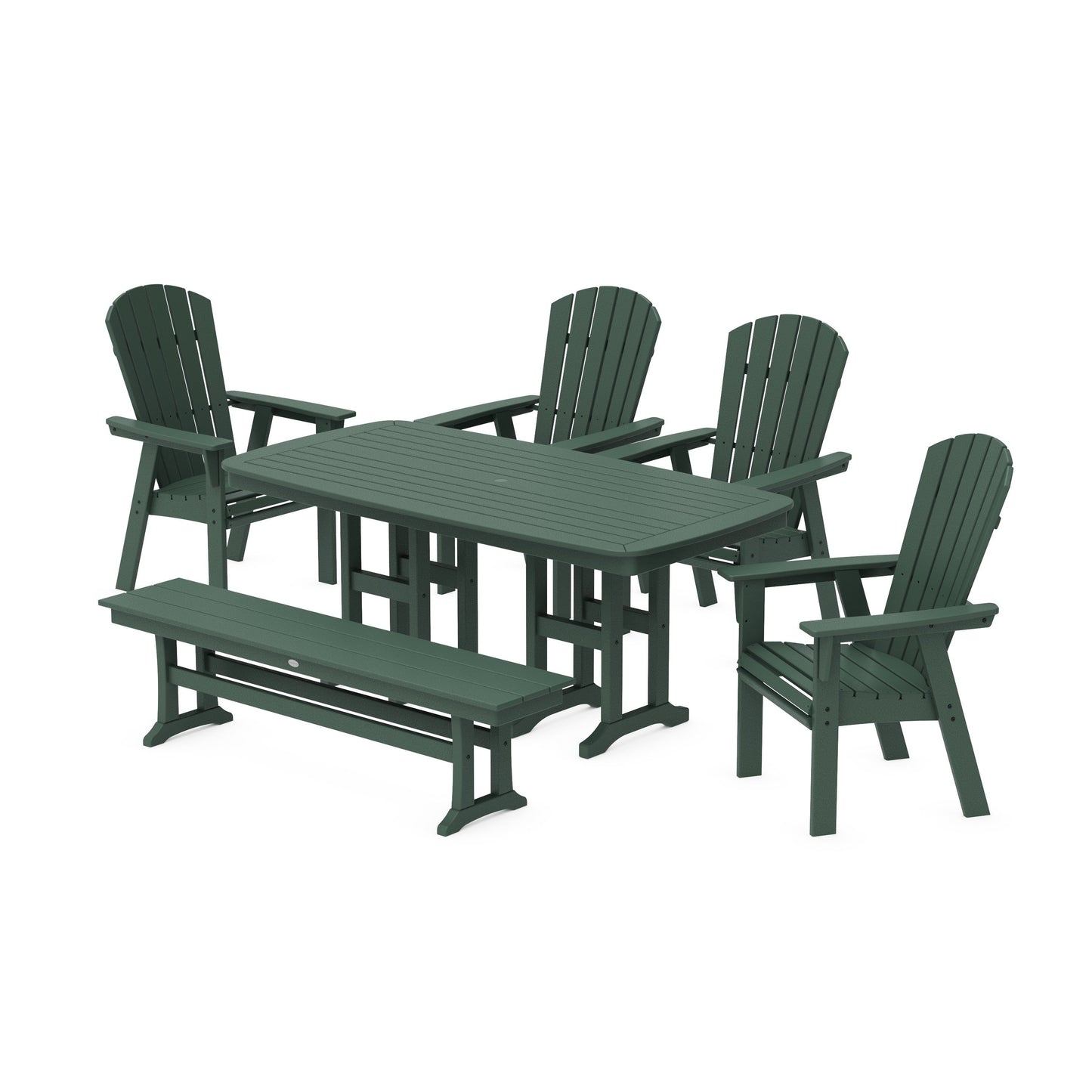 POLYWOOD Nautical Curveback Adirondack 6-Piece Dining Set with Bench — Green
