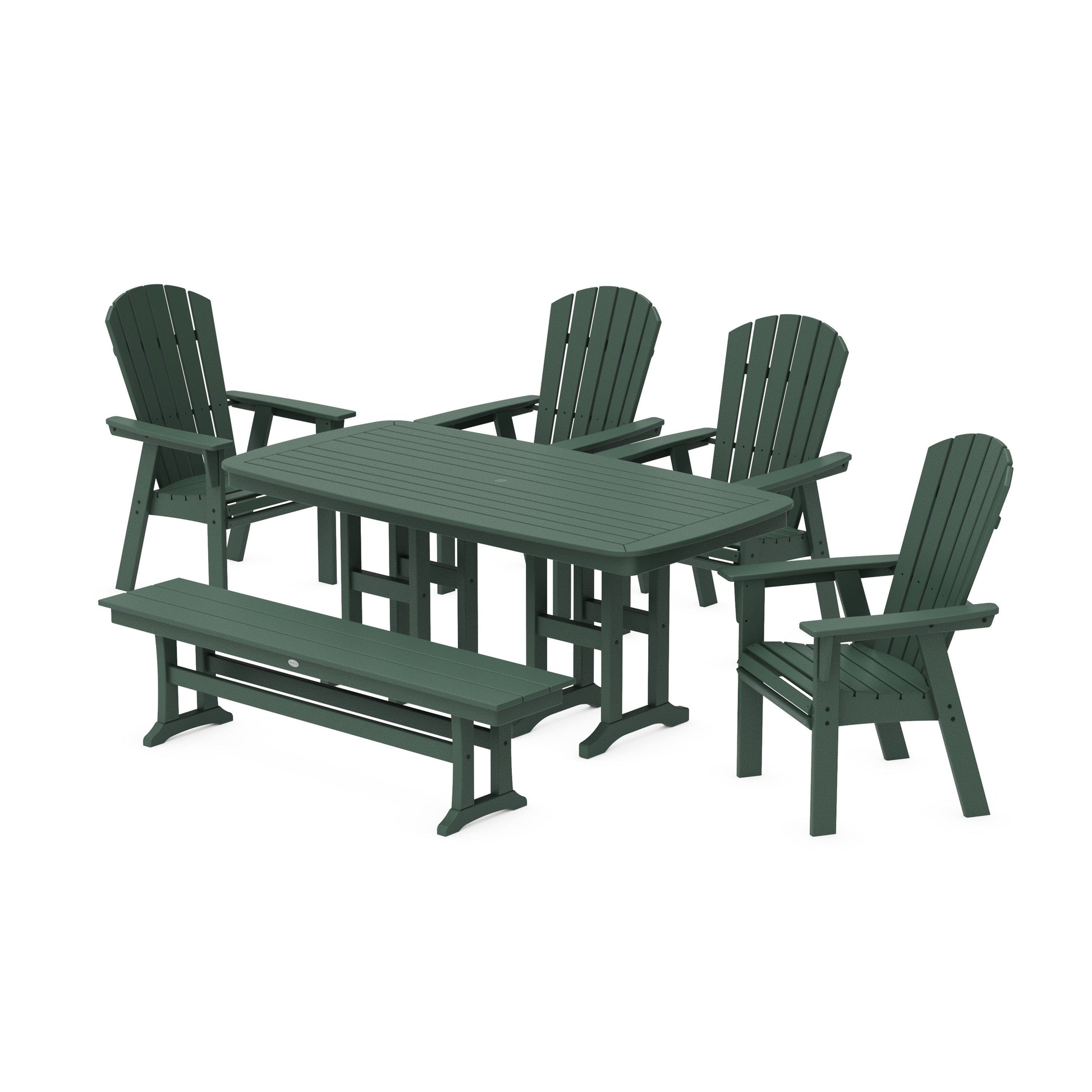 POLYWOOD Nautical Curveback Adirondack 6-Piece Dining Set with Bench — Green