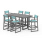 POLYWOOD EDGE Sling 7-Piece Bar Table Set — Slate Grey / Dupioni Aquamarine Sling