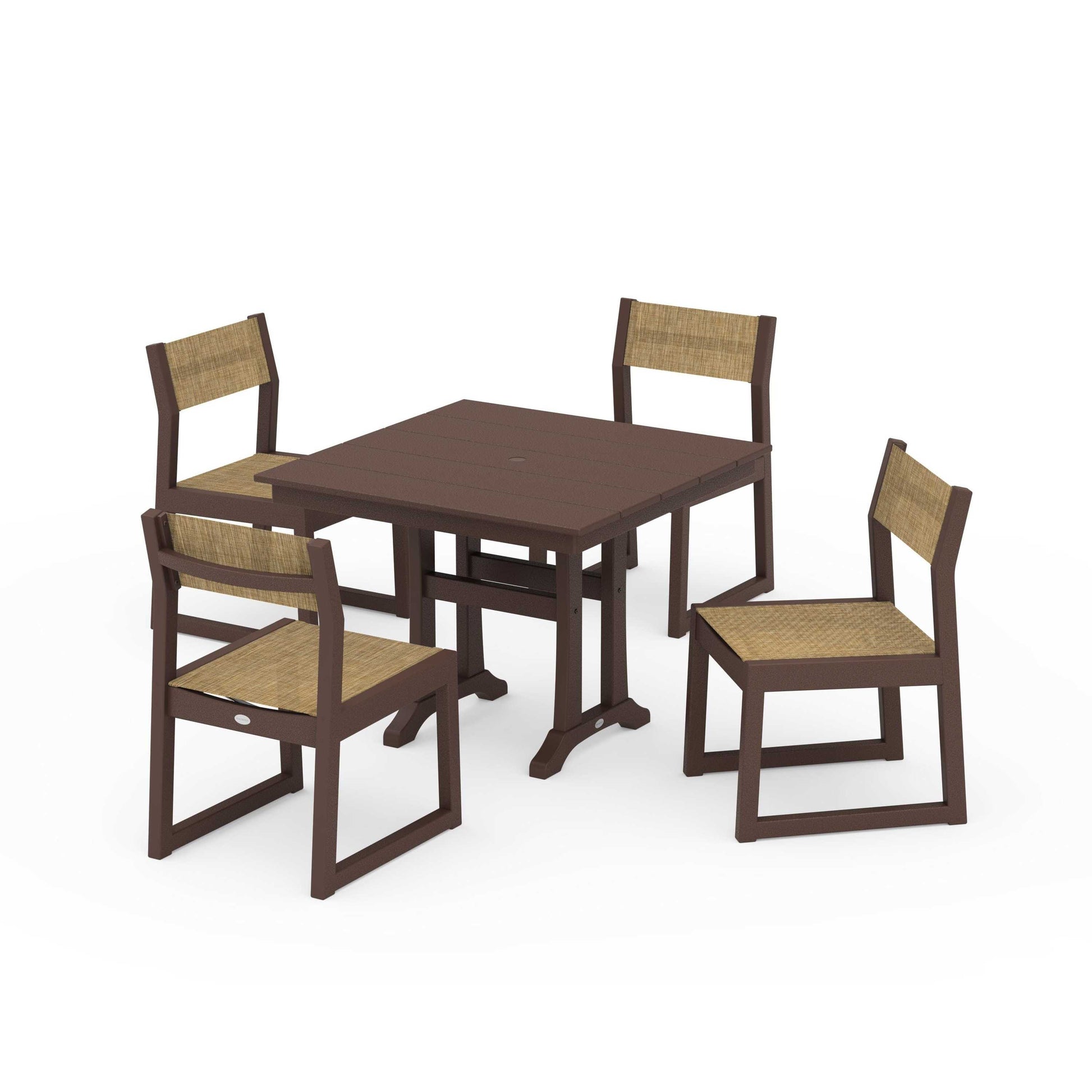 POLYWOOD EDGE Sling 5-Piece Farmhouse Trestle Side Chair Dining Set — Mahogany / Burlap Sling