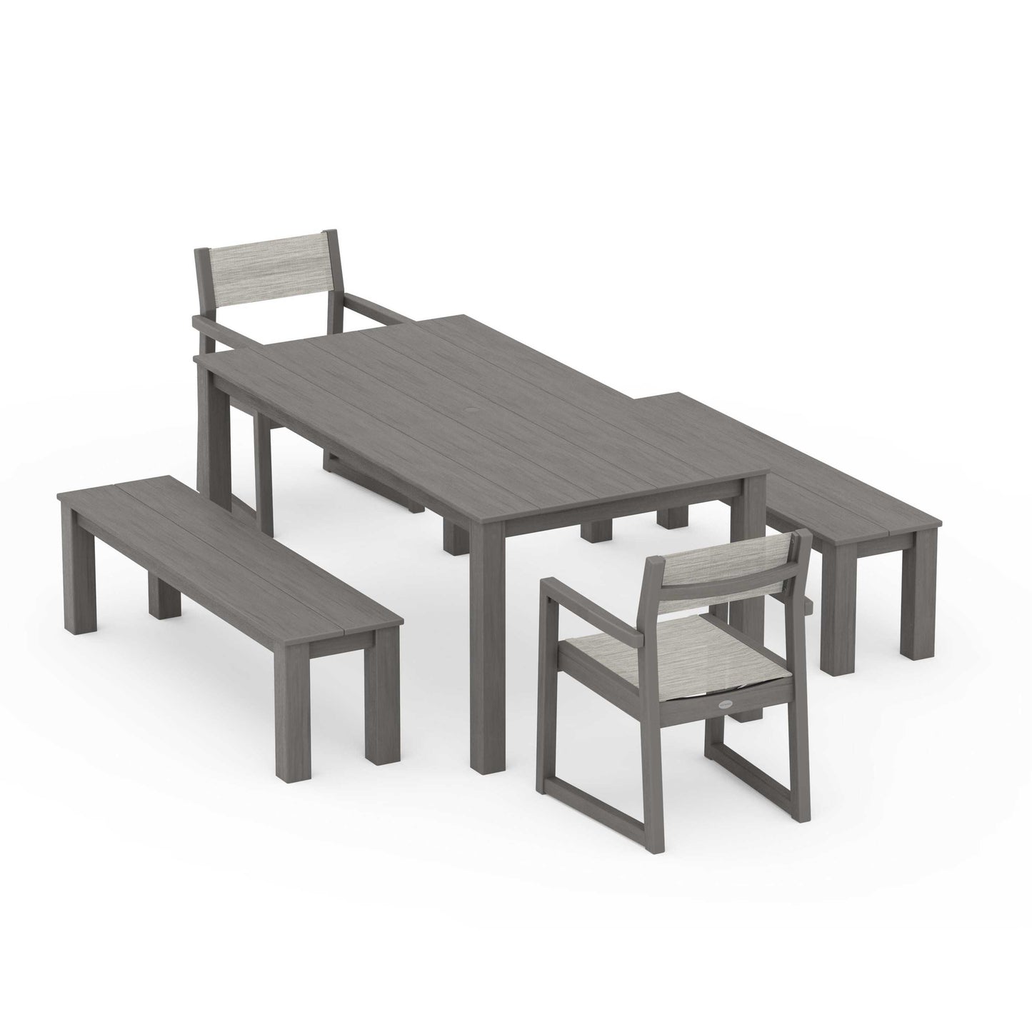 POLYWOOD EDGE Sling Arm Chair 5-Piece Parsons Dining Set with Benches — Driftwood / Birch Sling