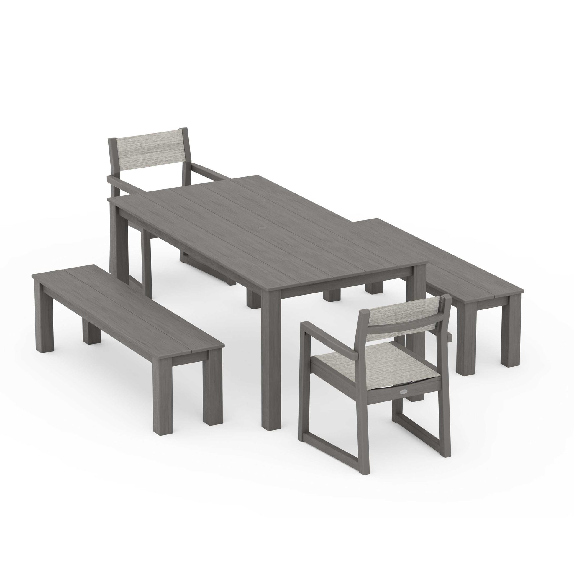 POLYWOOD EDGE Sling Arm Chair 5-Piece Parsons Dining Set with Benches — Driftwood / Birch Sling