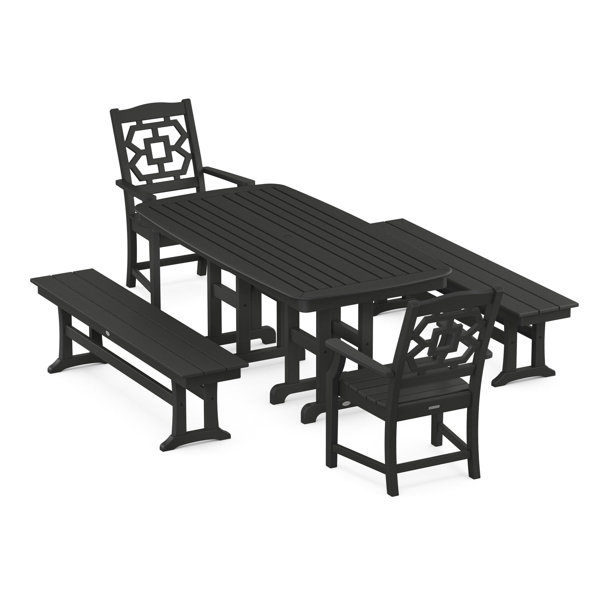 POLYWOOD Chinoiserie 5-Piece Dining Set with Benches — Black