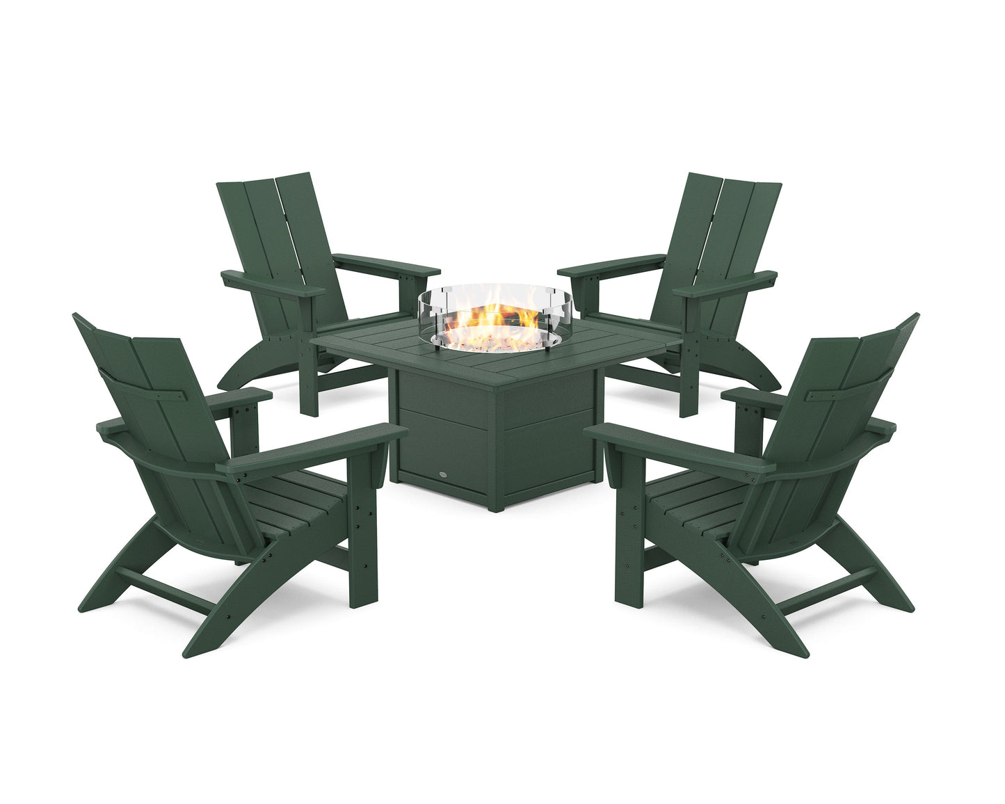 POLYWOOD 5-Piece Modern Grand Adirondack Conversation Set with Fire Pit Table — Green