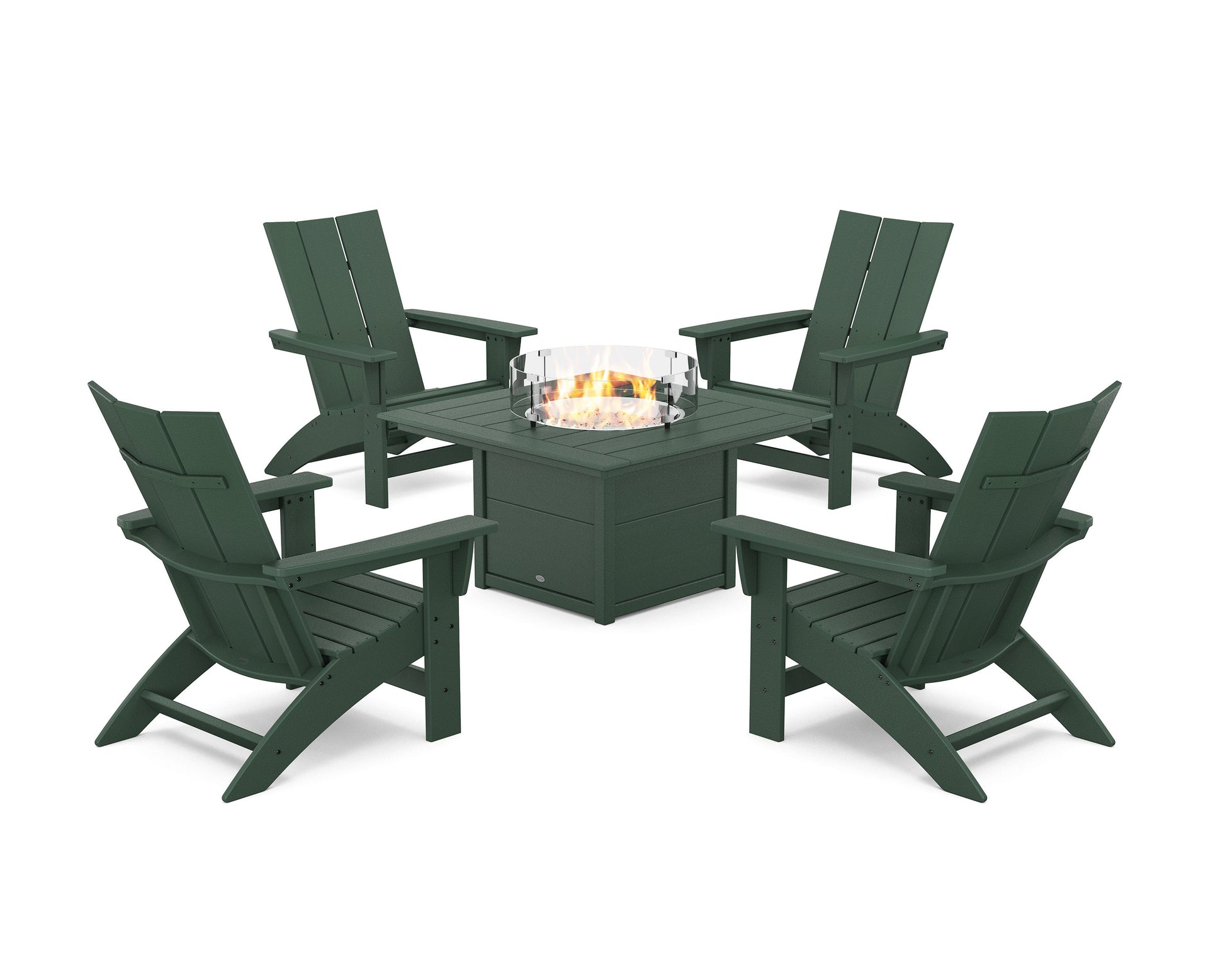 POLYWOOD 5-Piece Modern Grand Adirondack Conversation Set with Fire Pit Table — Green