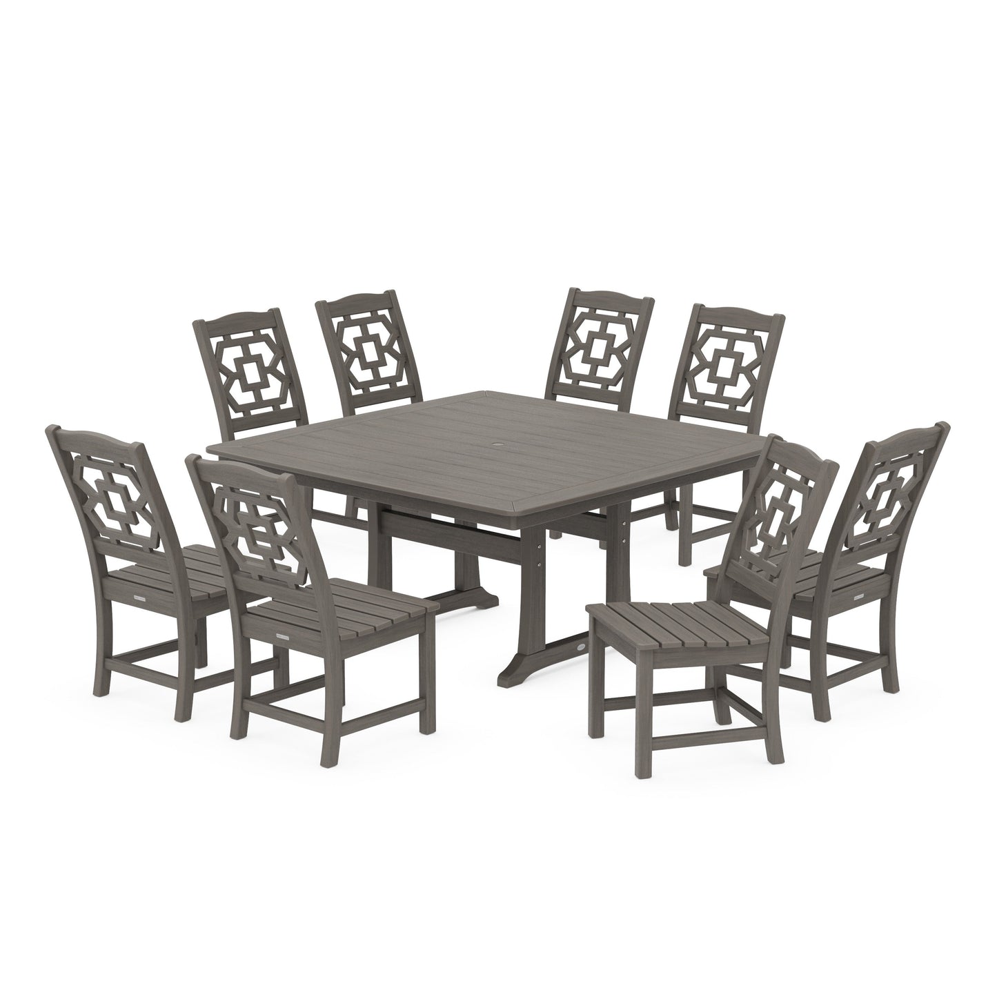 POLYWOOD Chinoiserie 9-Piece Square Side Chair Dining Set with Trestle Legs — Driftwood