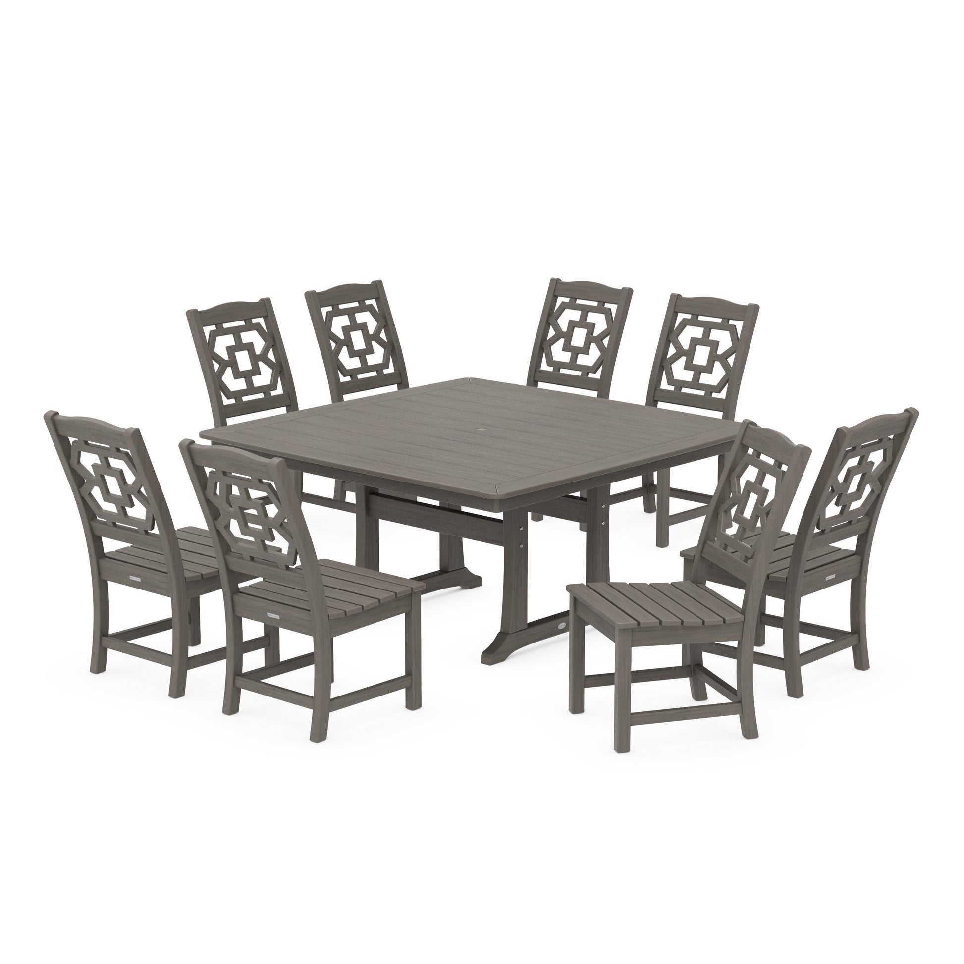 POLYWOOD Chinoiserie 9-Piece Square Side Chair Dining Set with Trestle Legs — Driftwood