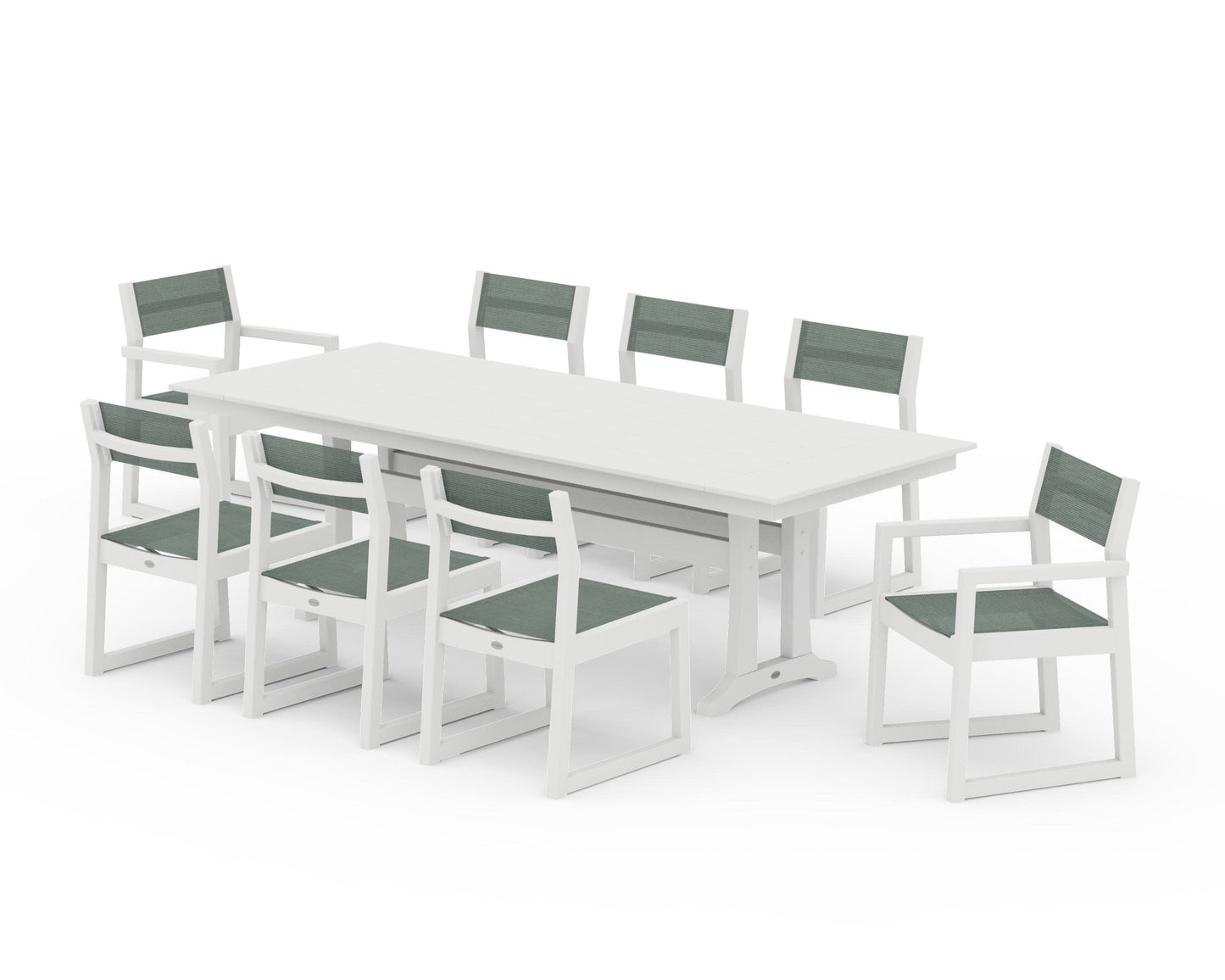 POLYWOOD EDGE Sling 9-Piece Farmhouse Trestle Dining Set — Vintage White / Dupioni Sea Mist Sling