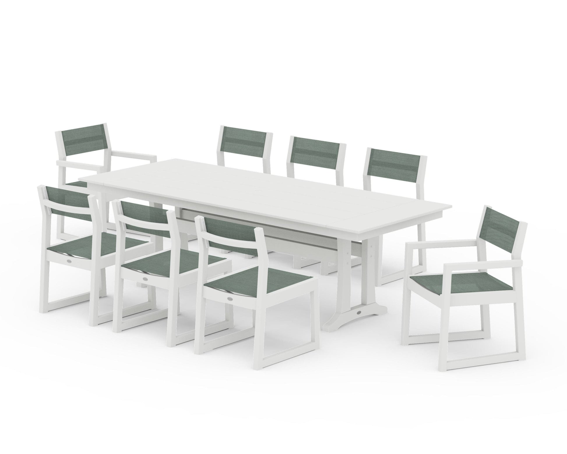 POLYWOOD EDGE Sling 9-Piece Farmhouse Trestle Dining Set — Vintage White / Dupioni Sea Mist Sling