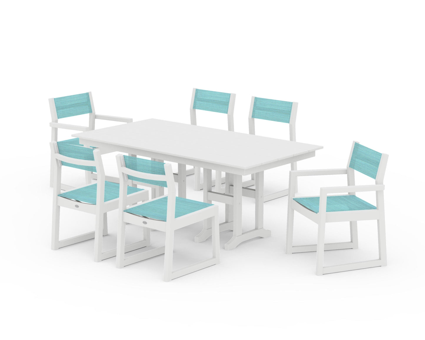POLYWOOD EDGE Sling 7-Piece Farmhouse Dining Set — White / Dupioni Aquamarine Sling
