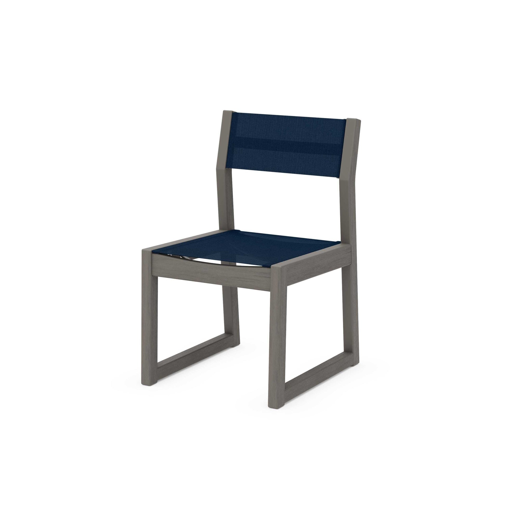 POLYWOOD EDGE Sling Dining Side Chair — Driftwood / Navy Blue Sling