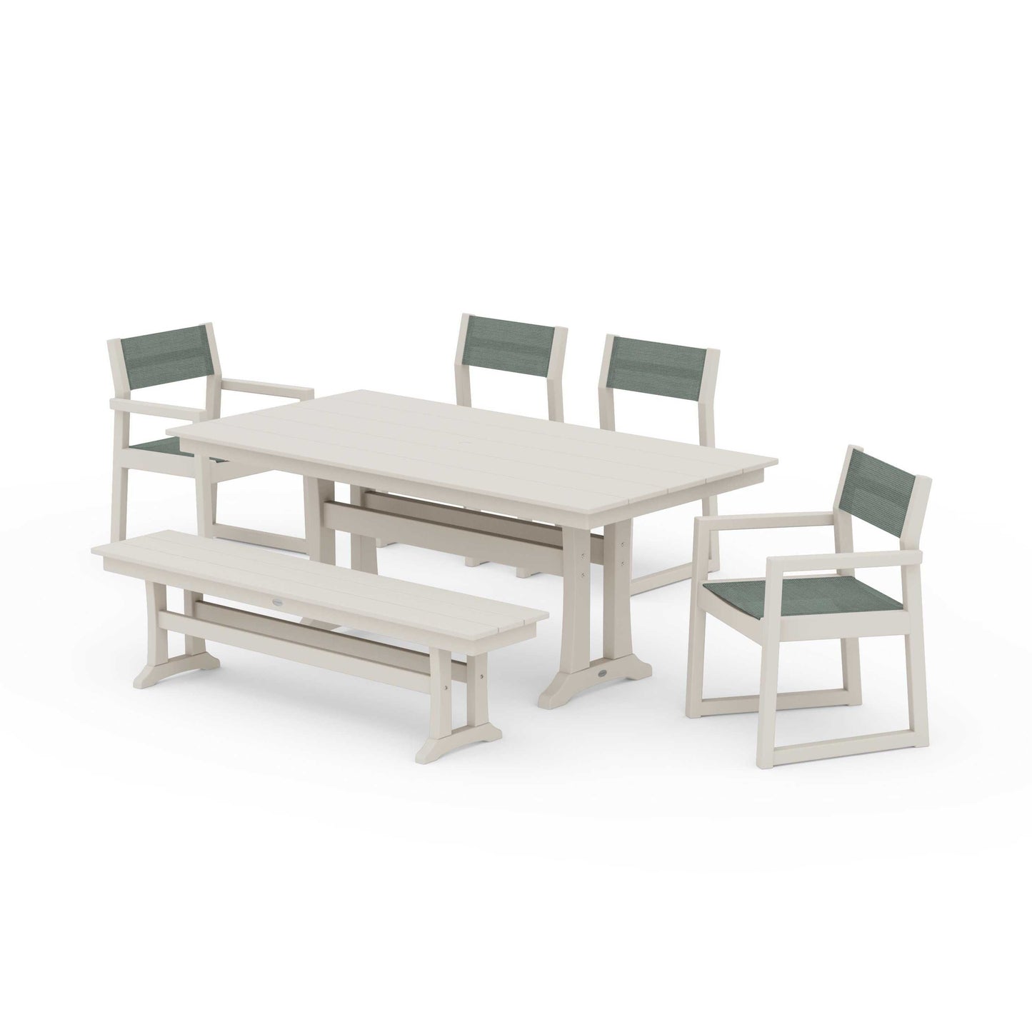 POLYWOOD EDGE Sling 6-Piece Farmhouse Dining Set With Trestle Legs — Sand / Dupioni Sea Mist Sling