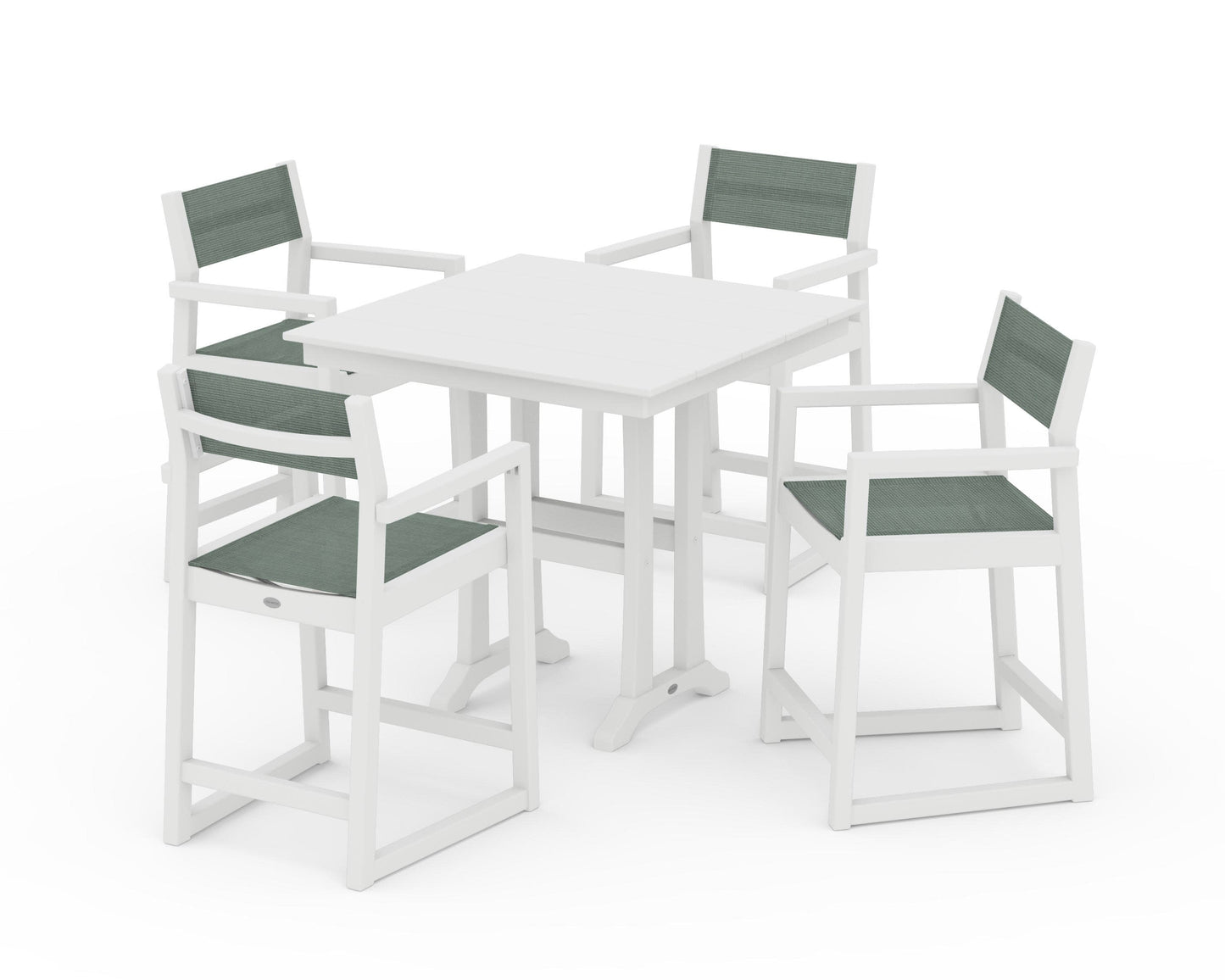 POLYWOOD EDGE Sling Arm Chair 5-Piece Farmhouse Counter Set with Trestle Legs — White / Dupioni Sea Mist Sling