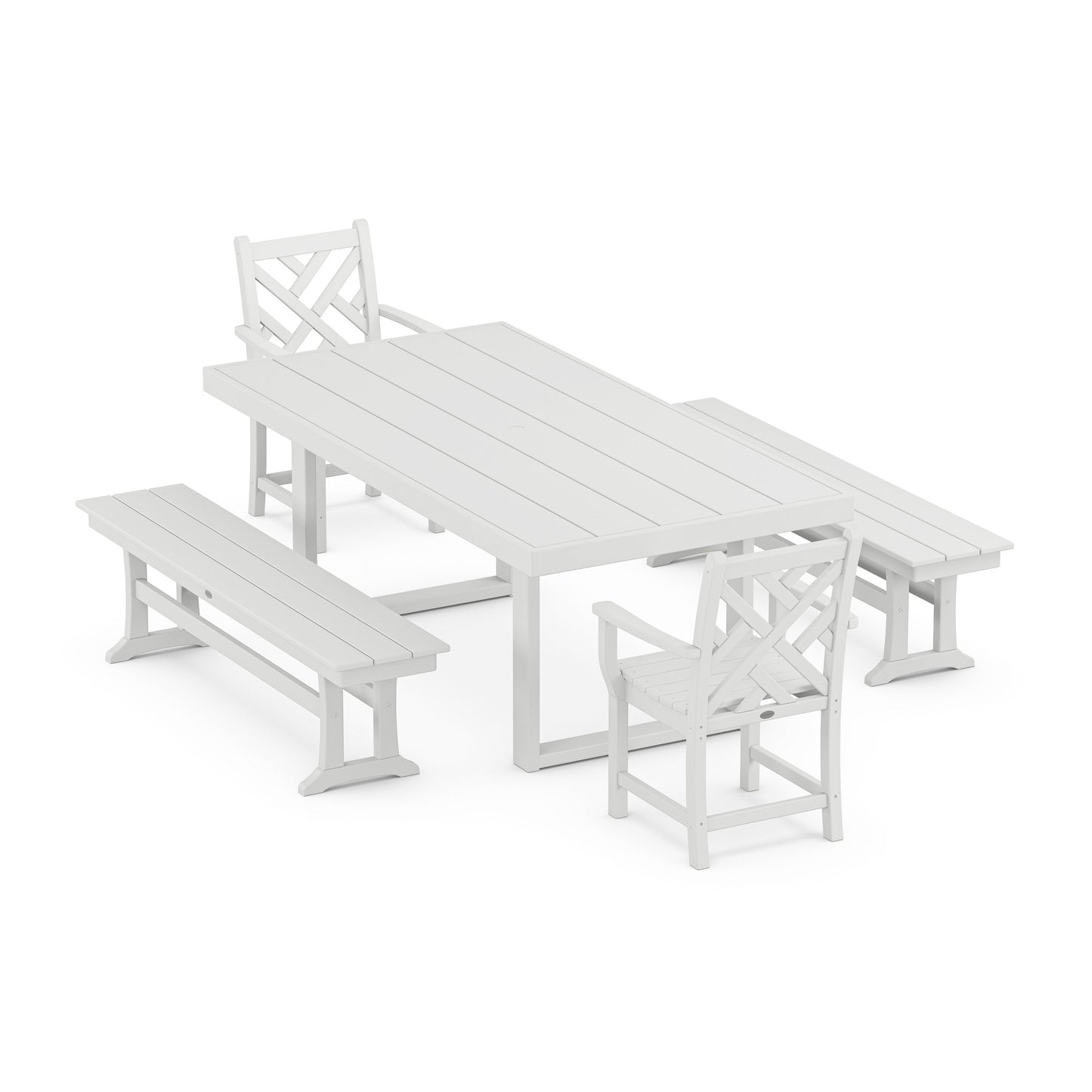 POLYWOOD Chippendale 5-Piece Dining Set with Benches — White