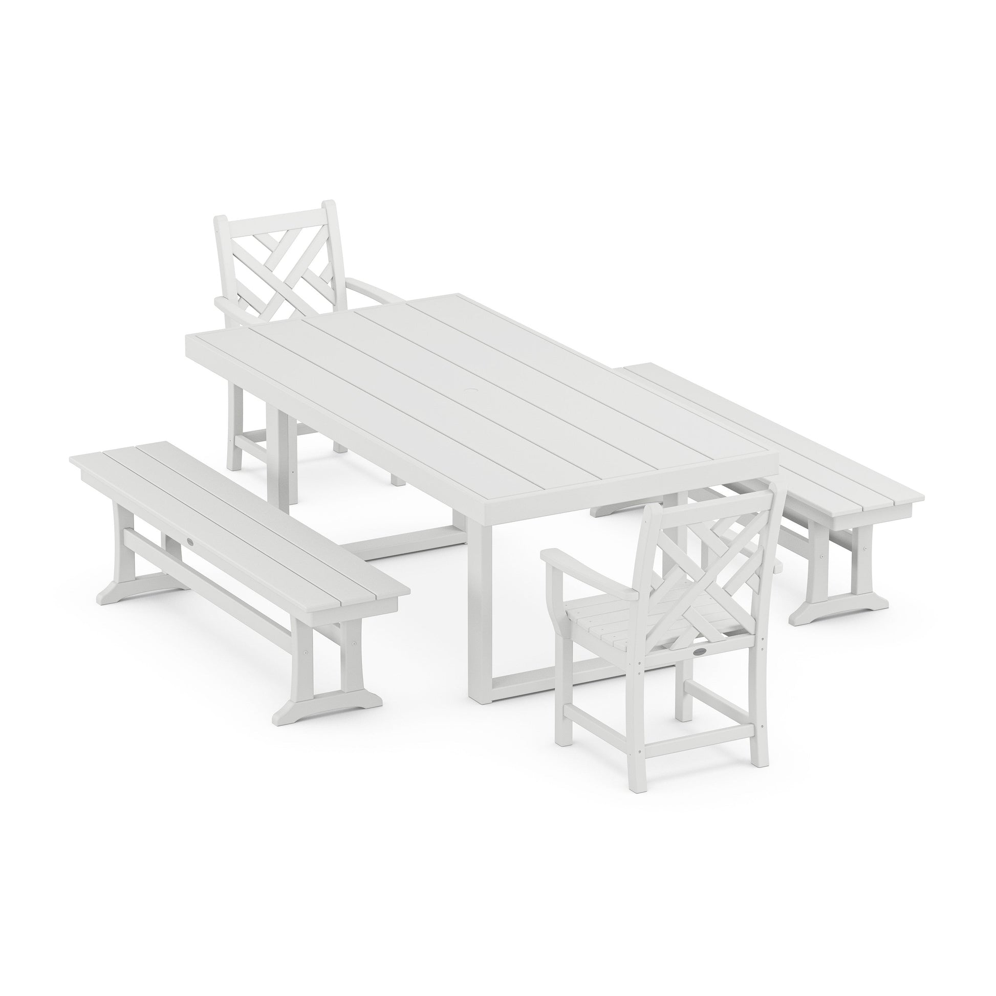 POLYWOOD Chippendale 5-Piece Dining Set with Benches — White