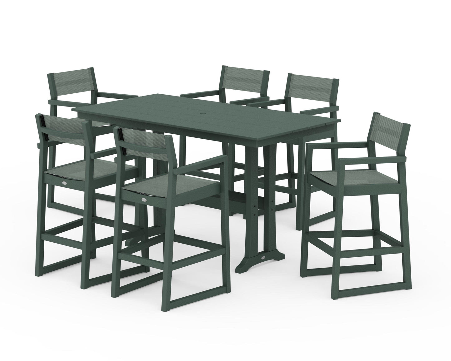 POLYWOOD EDGE Sling Arm Chair 7-Piece Farmhouse Bar Set with Trestle Legs — Green / Dupioni Sea Mist Sling
