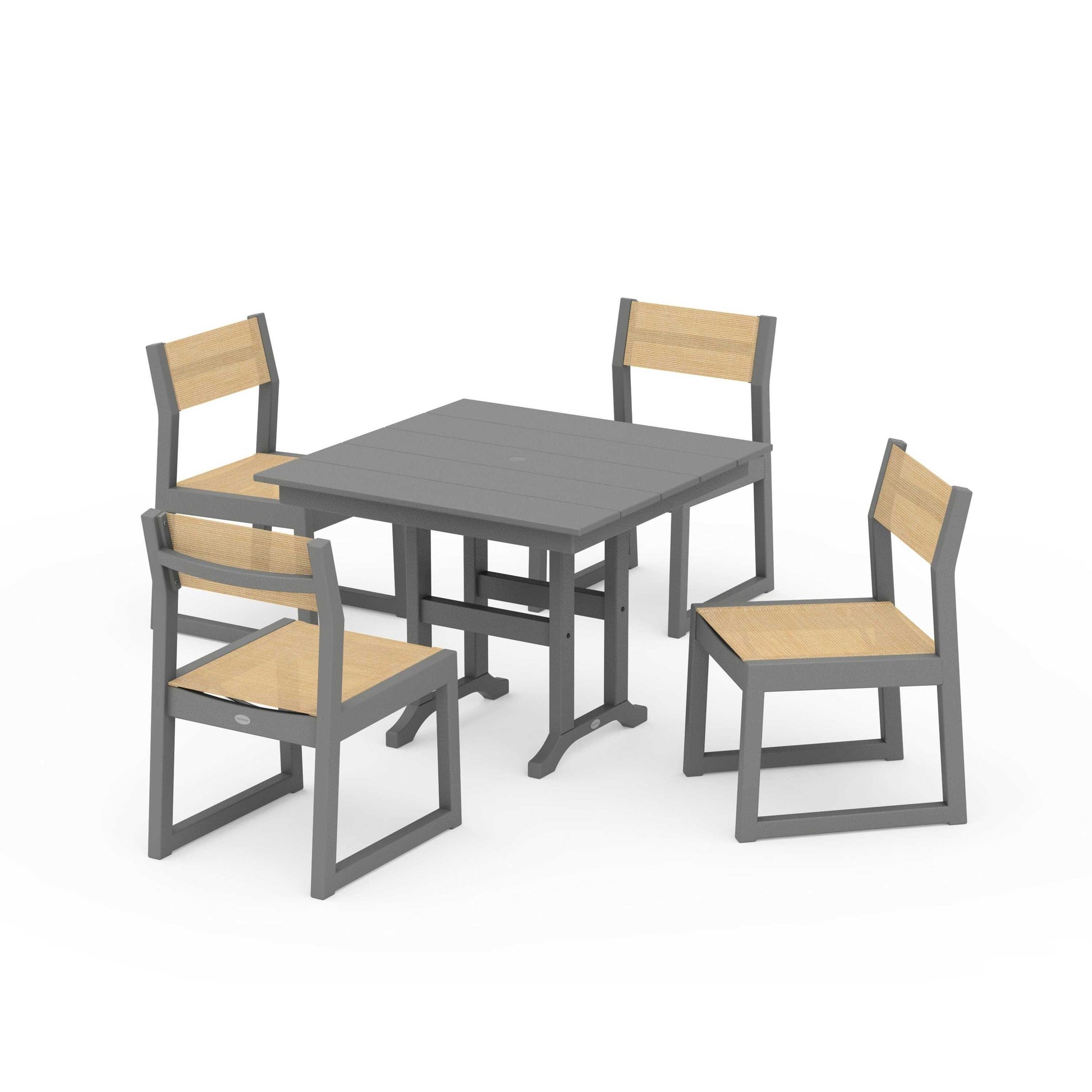 POLYWOOD EDGE Sling Side Chair 5-Piece Farmhouse Dining Set — Slate Grey / Dupioni Apricot Sling