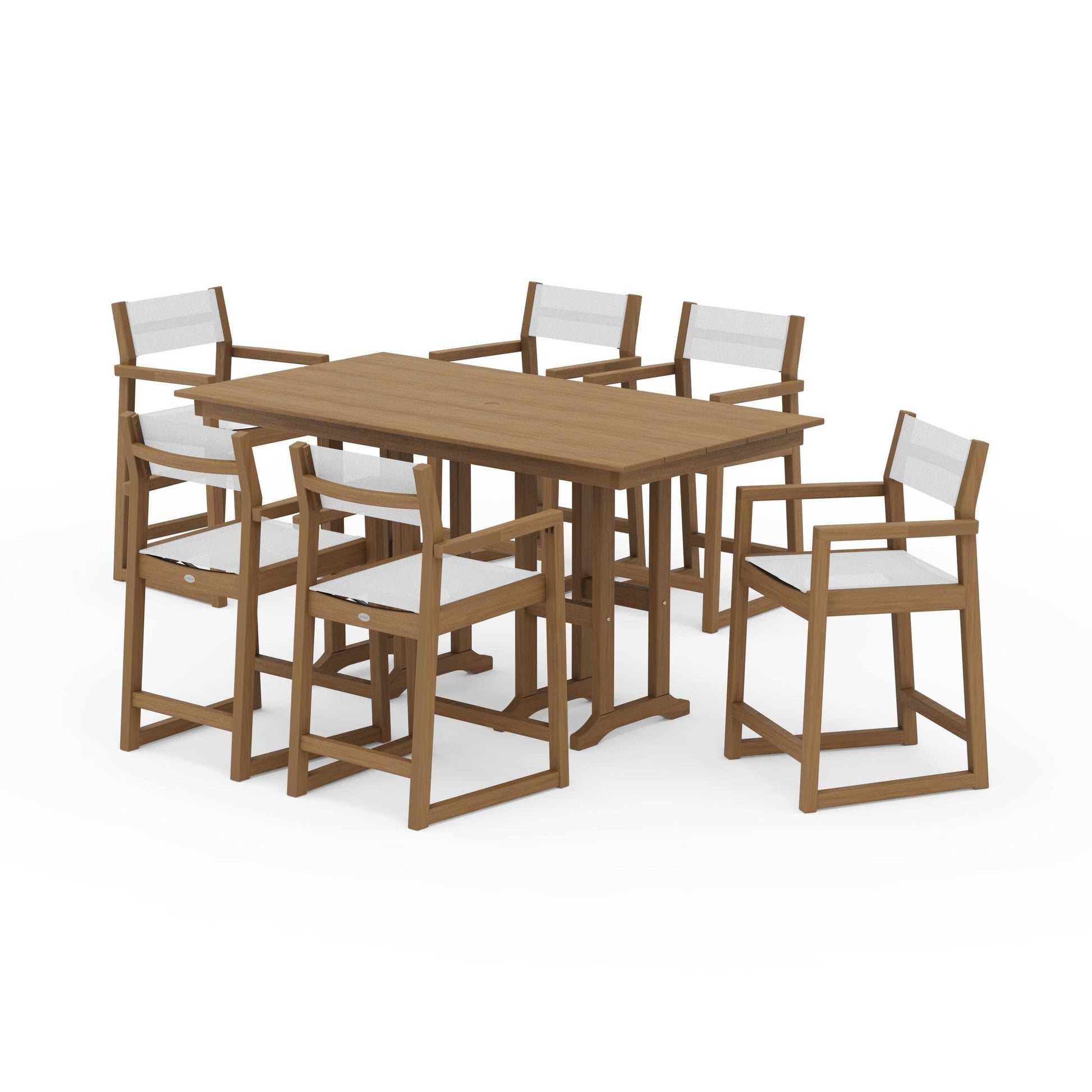 POLYWOOD EDGE Sling Arm Chair 7-Piece Farmhouse Counter Set — Natural / White Sling