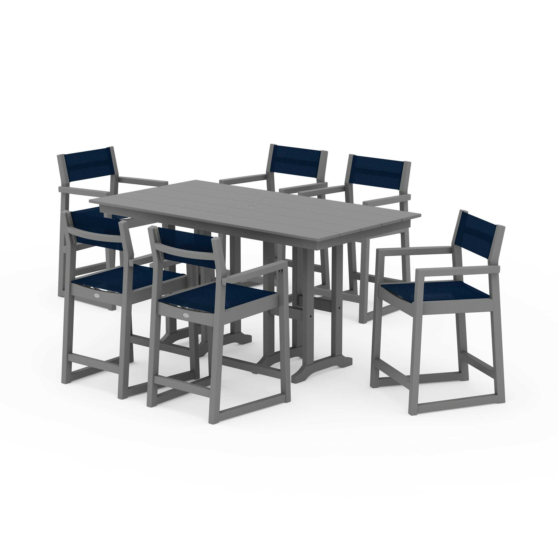 POLYWOOD EDGE Sling Arm Chair 7-Piece Farmhouse Counter Set — Slate Grey / Navy Blue Sling