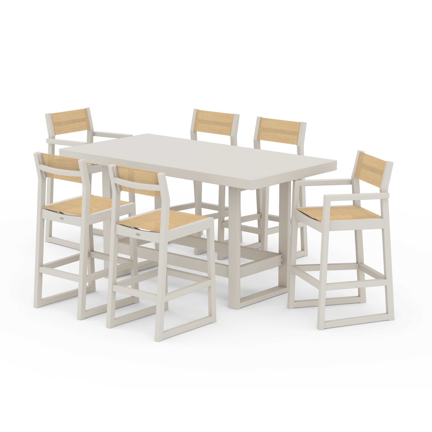 POLYWOOD EDGE Sling 7-Piece Bar Table Set — Sand / Dupioni Apricot Sling