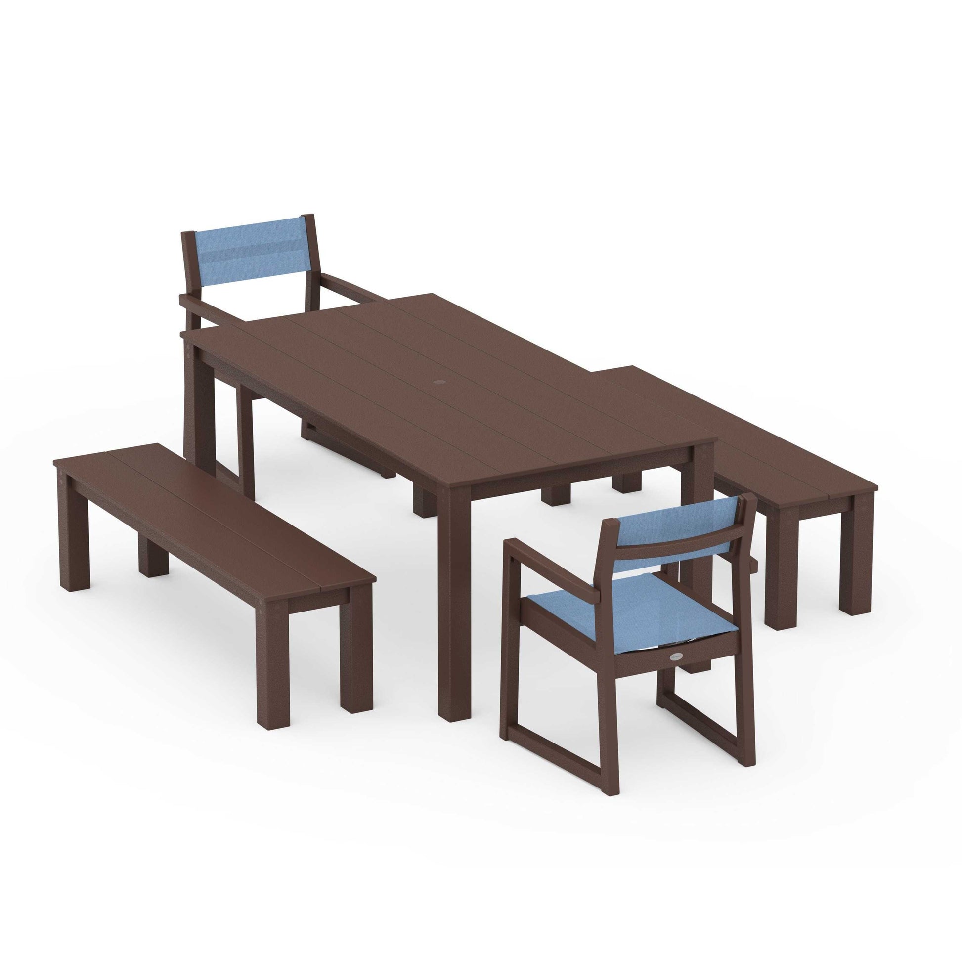 POLYWOOD EDGE Sling Arm Chair 5-Piece Parsons Dining Set with Benches — Mahogany / Poolside Sling