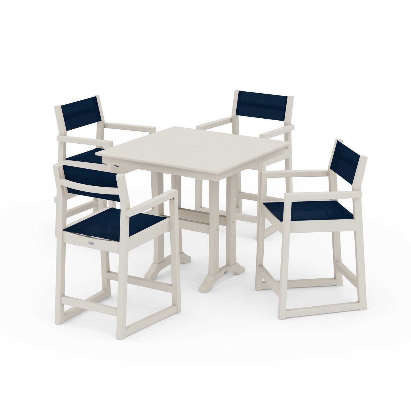 POLYWOOD EDGE Sling Arm Chair 5-Piece Farmhouse Counter Set with Trestle Legs — Sand / Navy Blue Sling