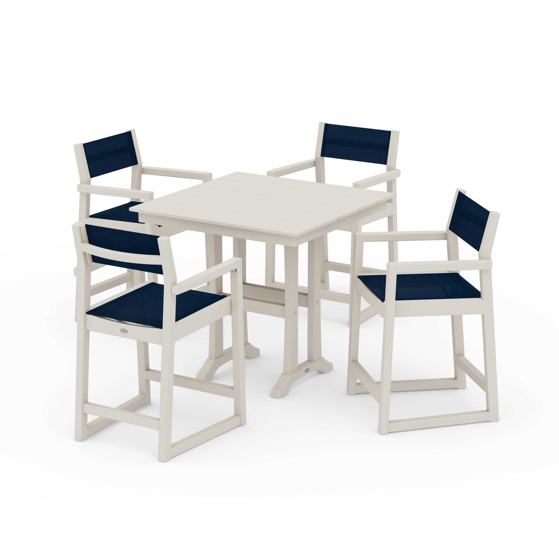 POLYWOOD EDGE Sling Arm Chair 5-Piece Farmhouse Counter Set with Trestle Legs — Sand / Navy Blue Sling